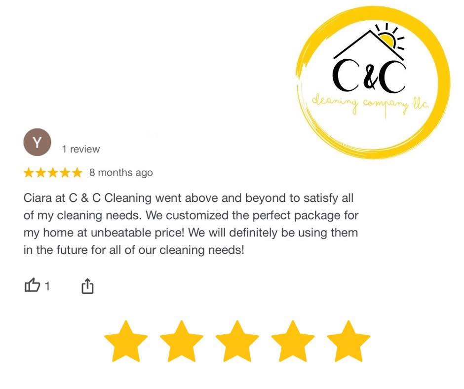 Logo with house, sun, and C & C text, yellow circle, and slogan. Review with five stars and positive comment.