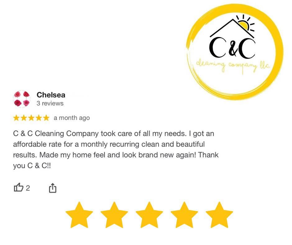 Review with five-star rating and logo of C & C Cleaning Company, a house with a sun, and a positive comment.