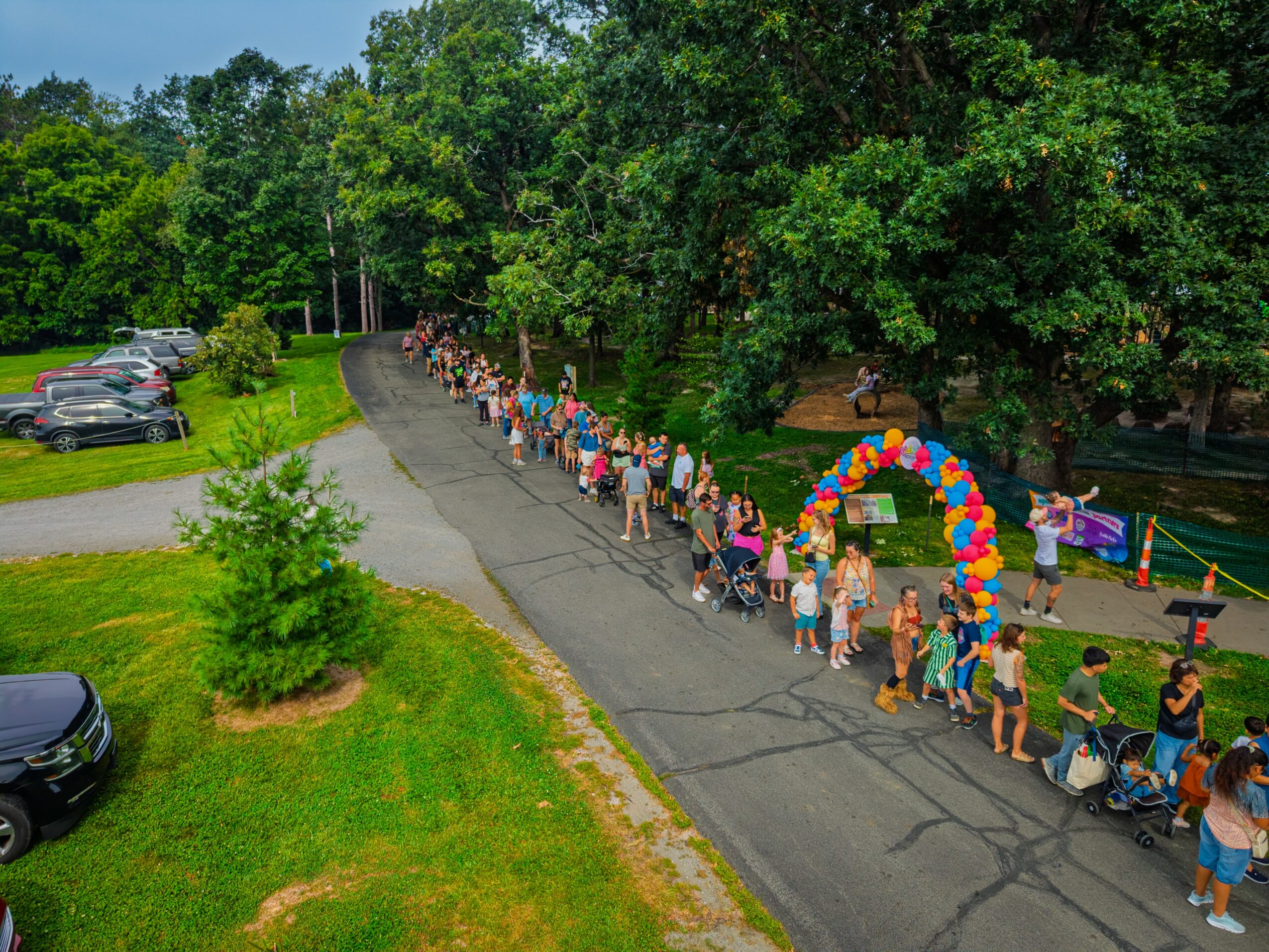 People in a long line walk along a paved path decorated with colorful balloons, near trees and parked cars.