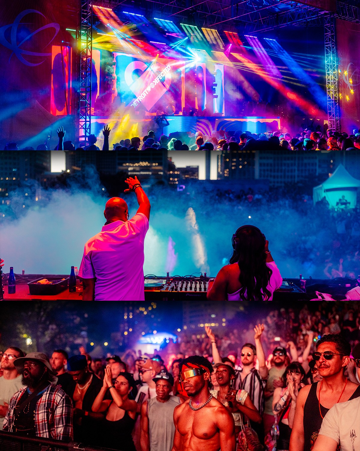 Crowd at a vibrant music festival with colorful lights, smoke, and people dancing and enjoying the event.