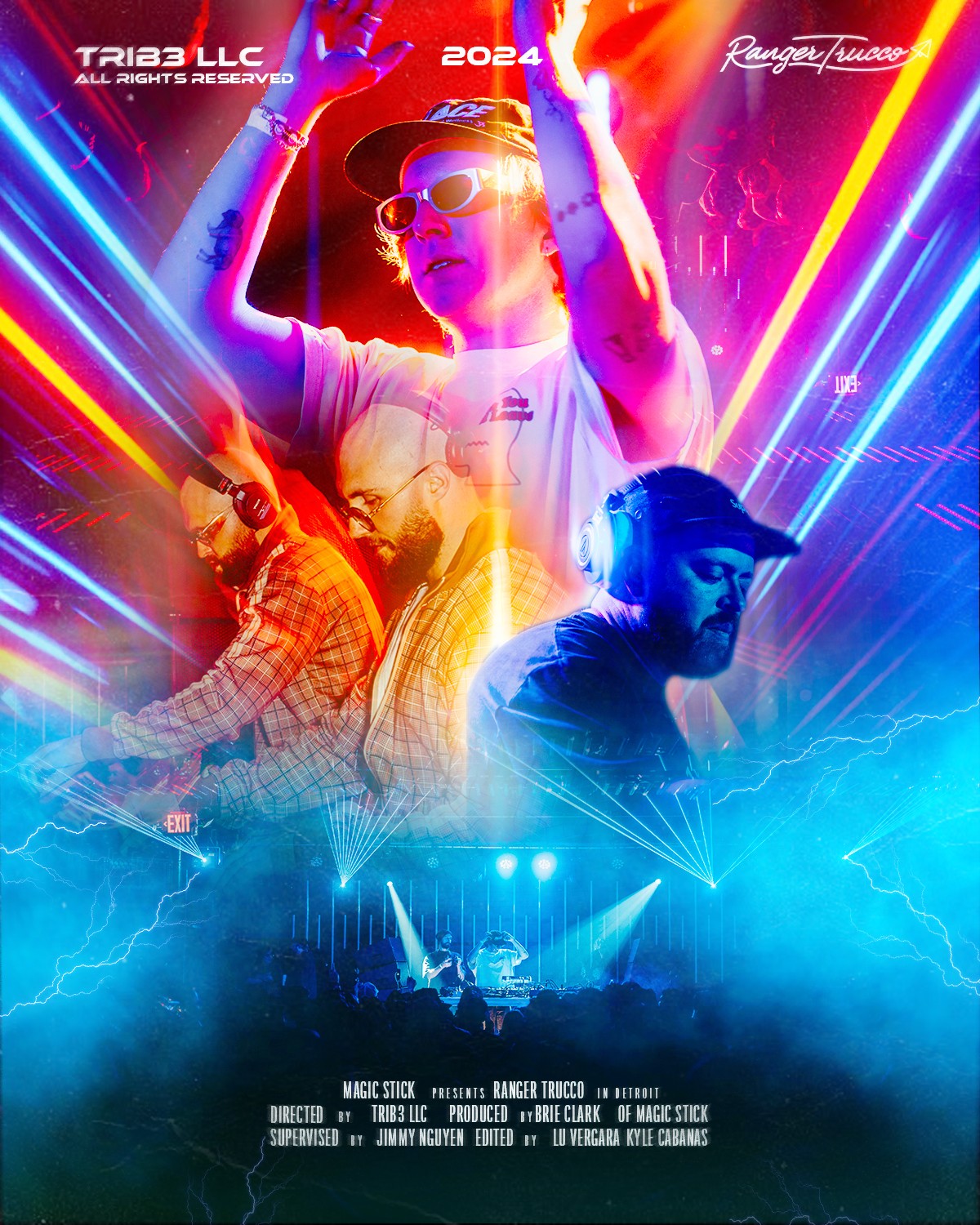 Group of people at a vibrant, colorful music event with laser lights and stage effects.