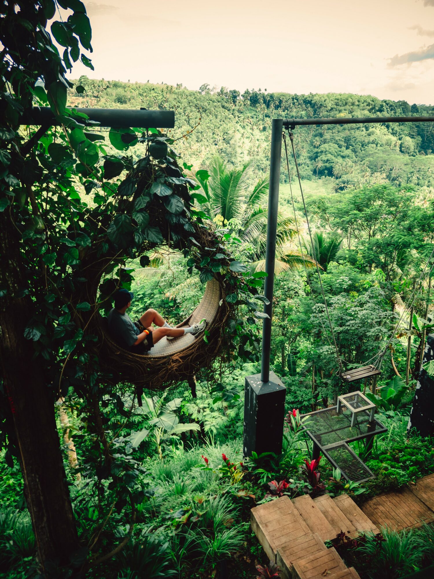 Person relaxing in a hanging chair outdoors surrounded by lush greenery and trees.