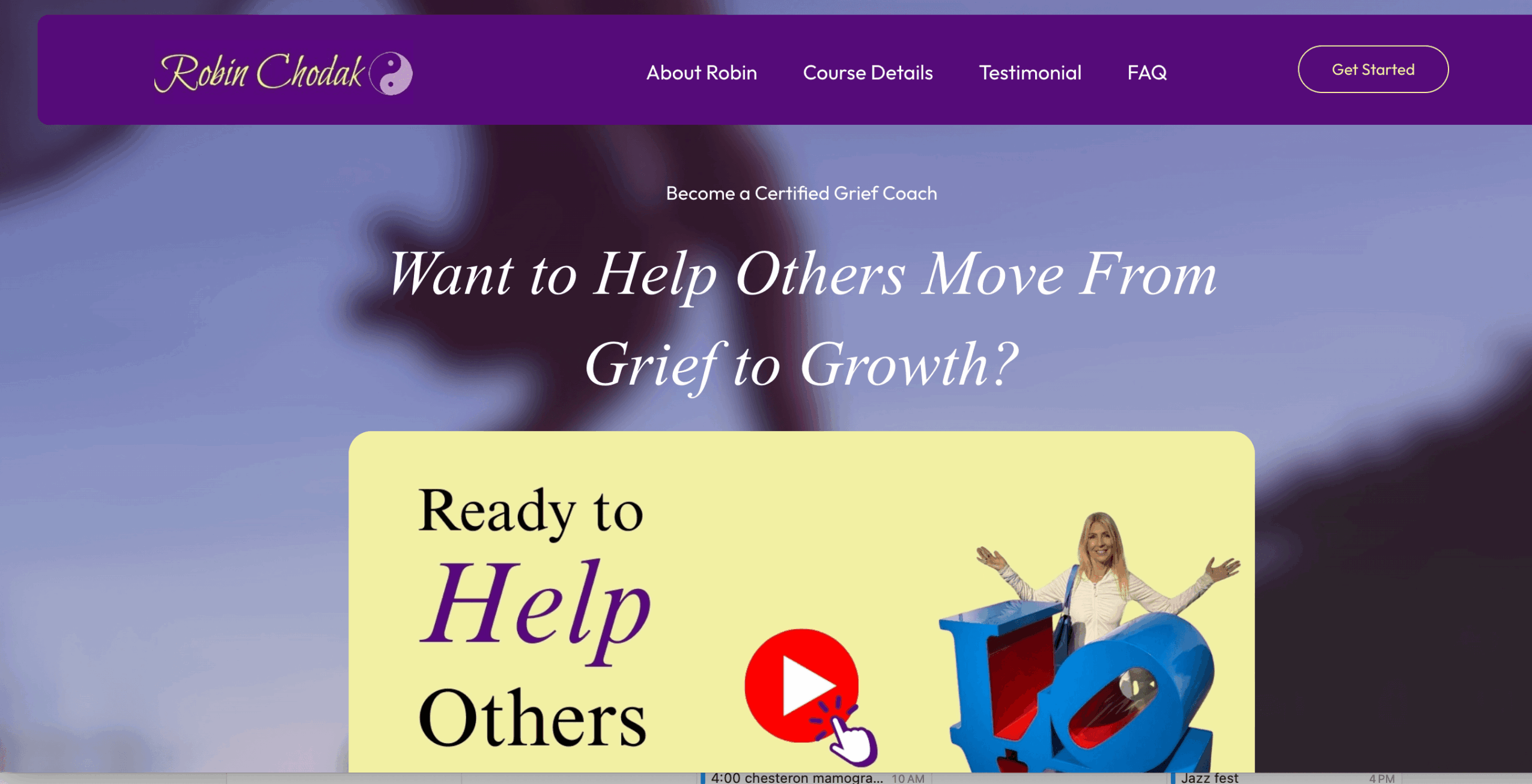 Website header with purple background, navigation menu, and a yellow box with text and a woman sitting on a large blue number 10.