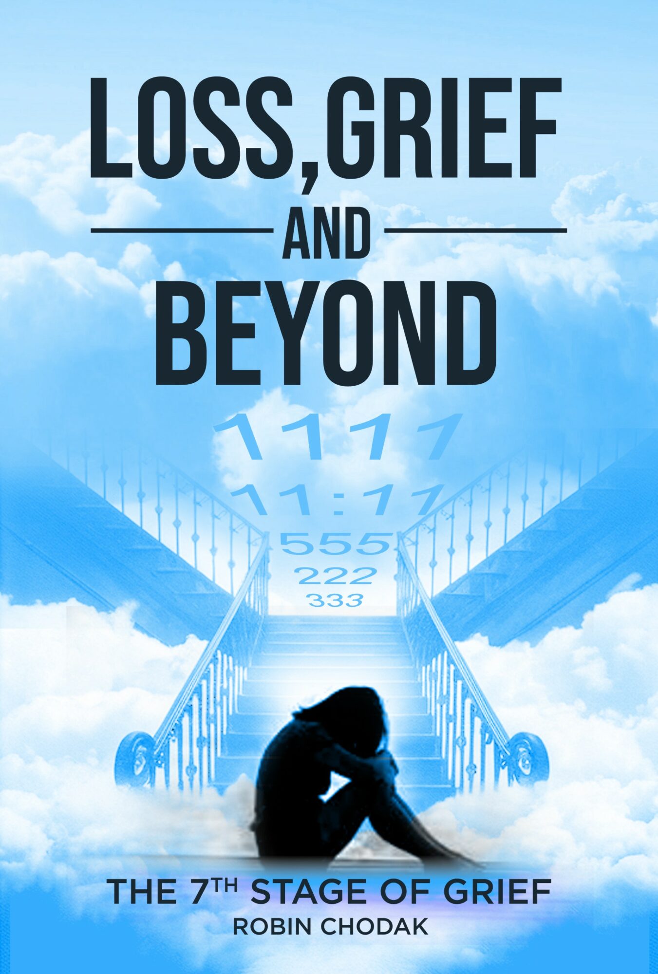 A person sitting on a bridge with a blue sky background, with the title 'Loss, Grief and Beyond' and a clock overlay.