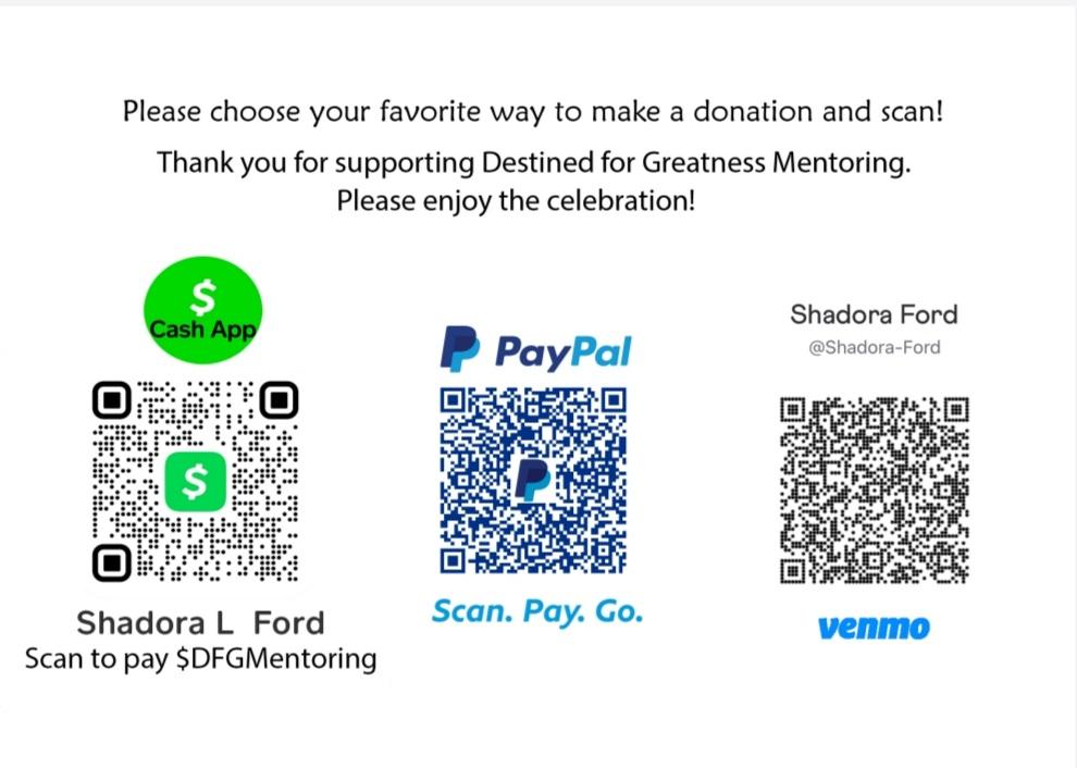 Donation options including Cash App, PayPal, and Venmo with QR codes and instructions, supporting Greatness Mentoring.