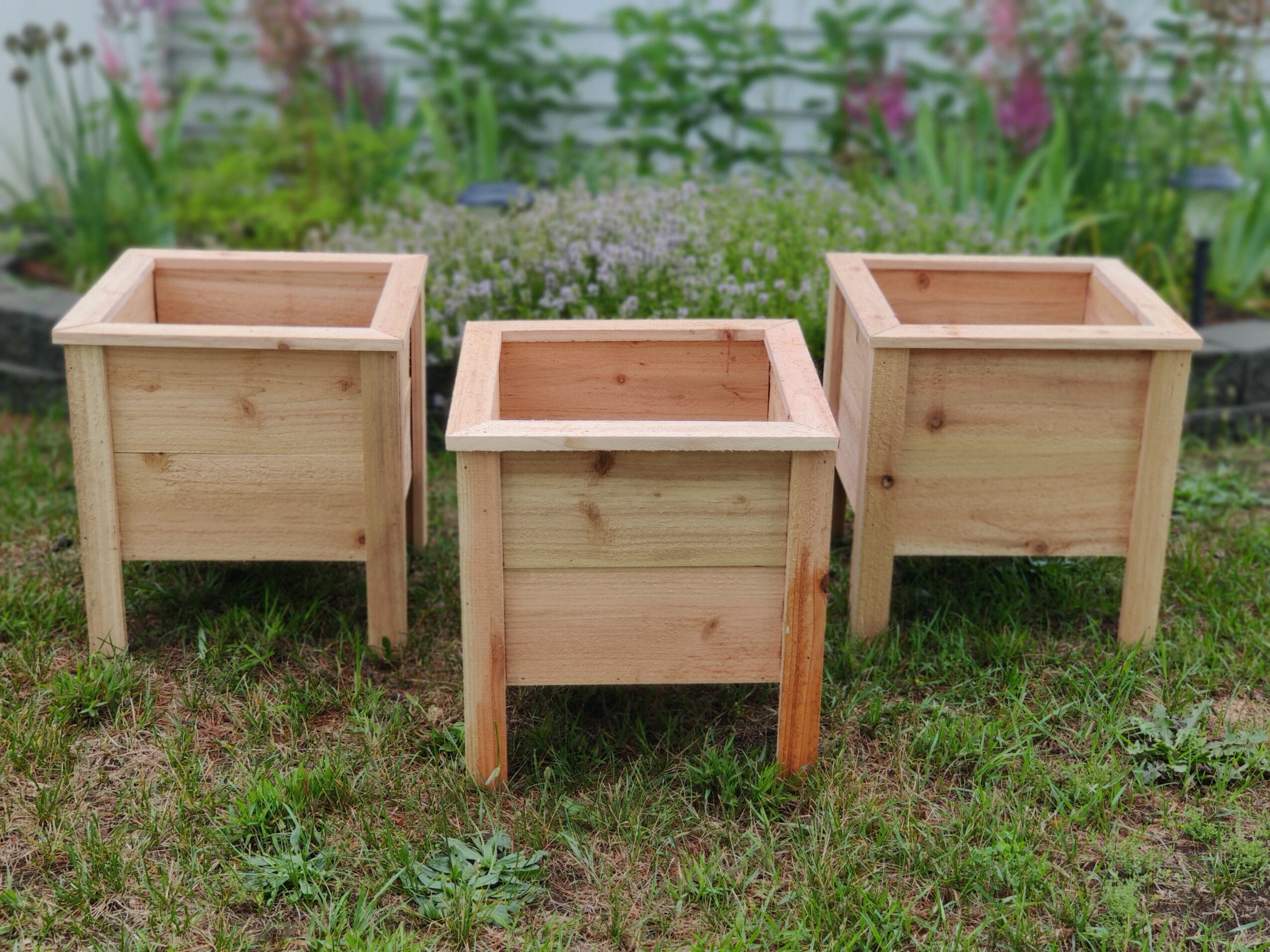 Three wooden plant boxes on grass with a garden background, facing forward, empty, rectangular shape, natural wood color.
