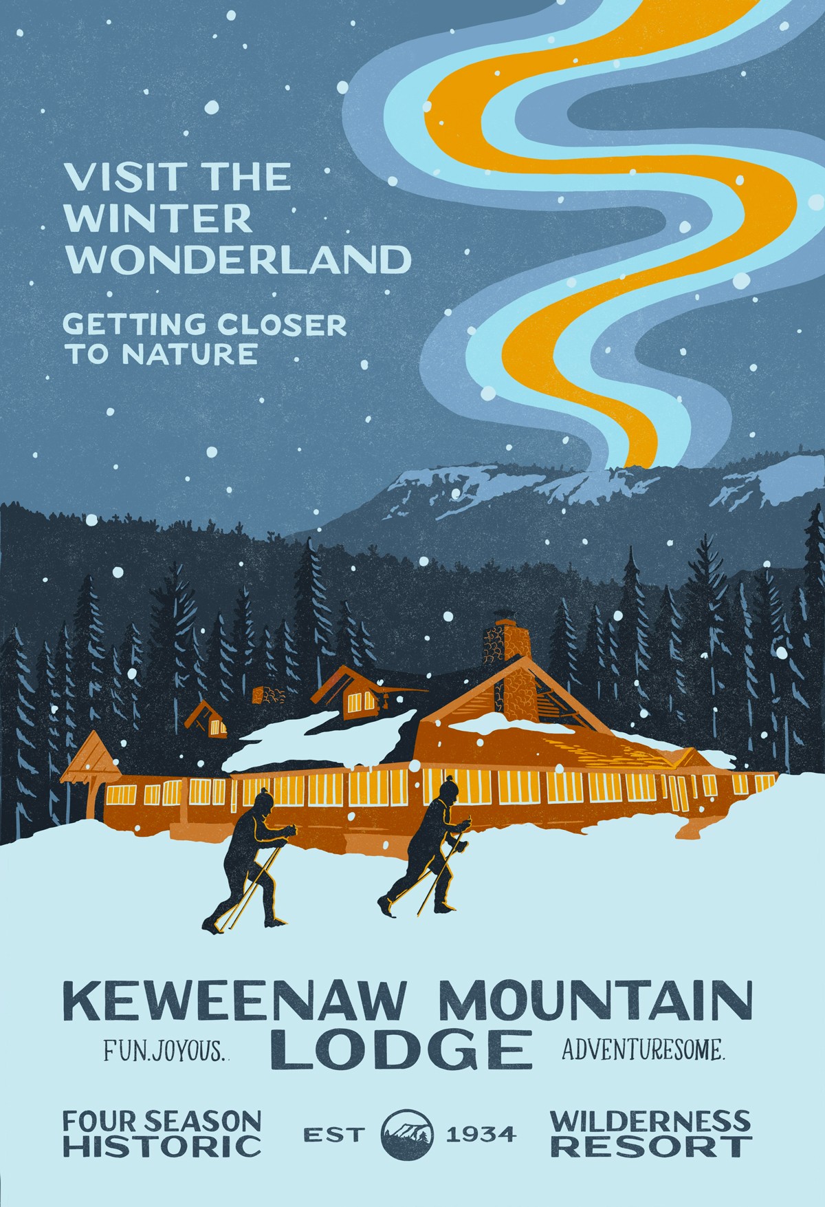 Snowy mountain village with people skiing, surrounded by trees and mountains, with colorful smoke or aurora in the sky.