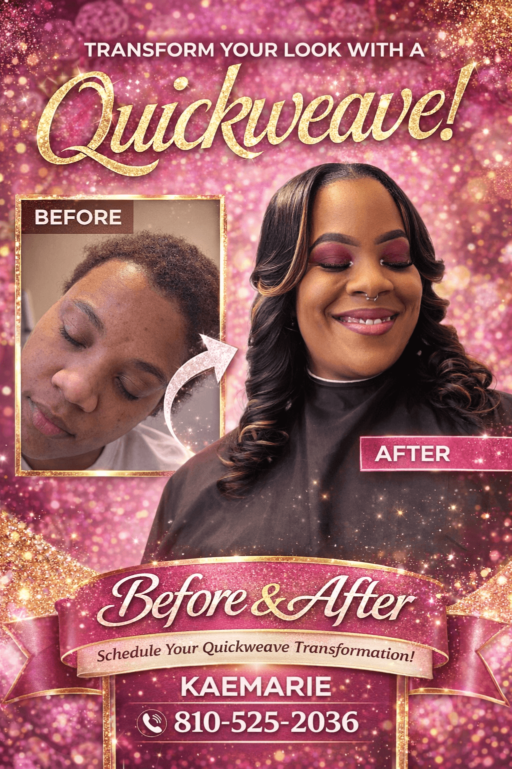 Side-by-side before and after images of a woman with long, styled hair, smiling after a quick weave transformation.