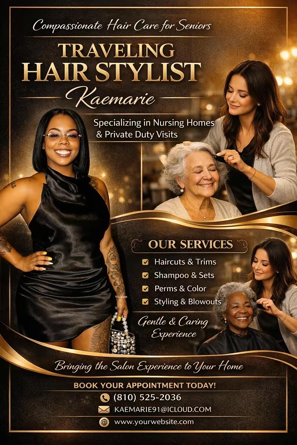 Four women, including an elderly woman, smiling and getting hair styled in a salon. Text promotes hair care services for seniors.