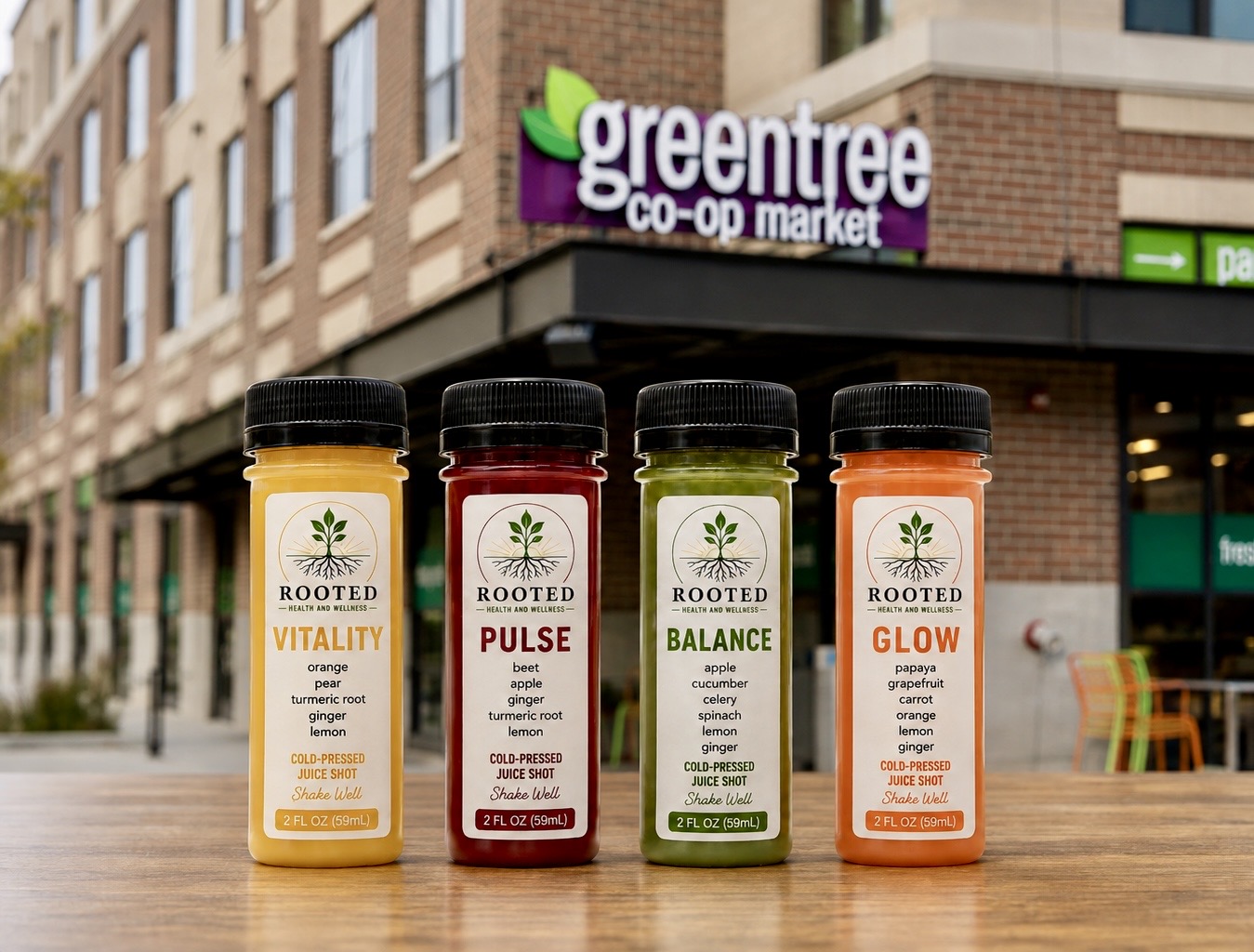 Four bottles of Rooted supplements on a wooden surface outside a store, with a Greentree co-op market sign in the background.
