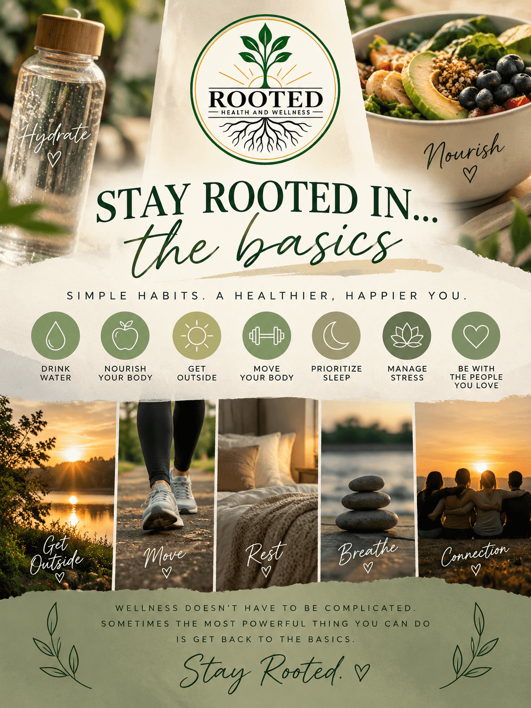 A wellness guide titled 'Stay Rooted in... the basics' with images of a smoothie, healthy food, and nature scenes, promoting simple habits.