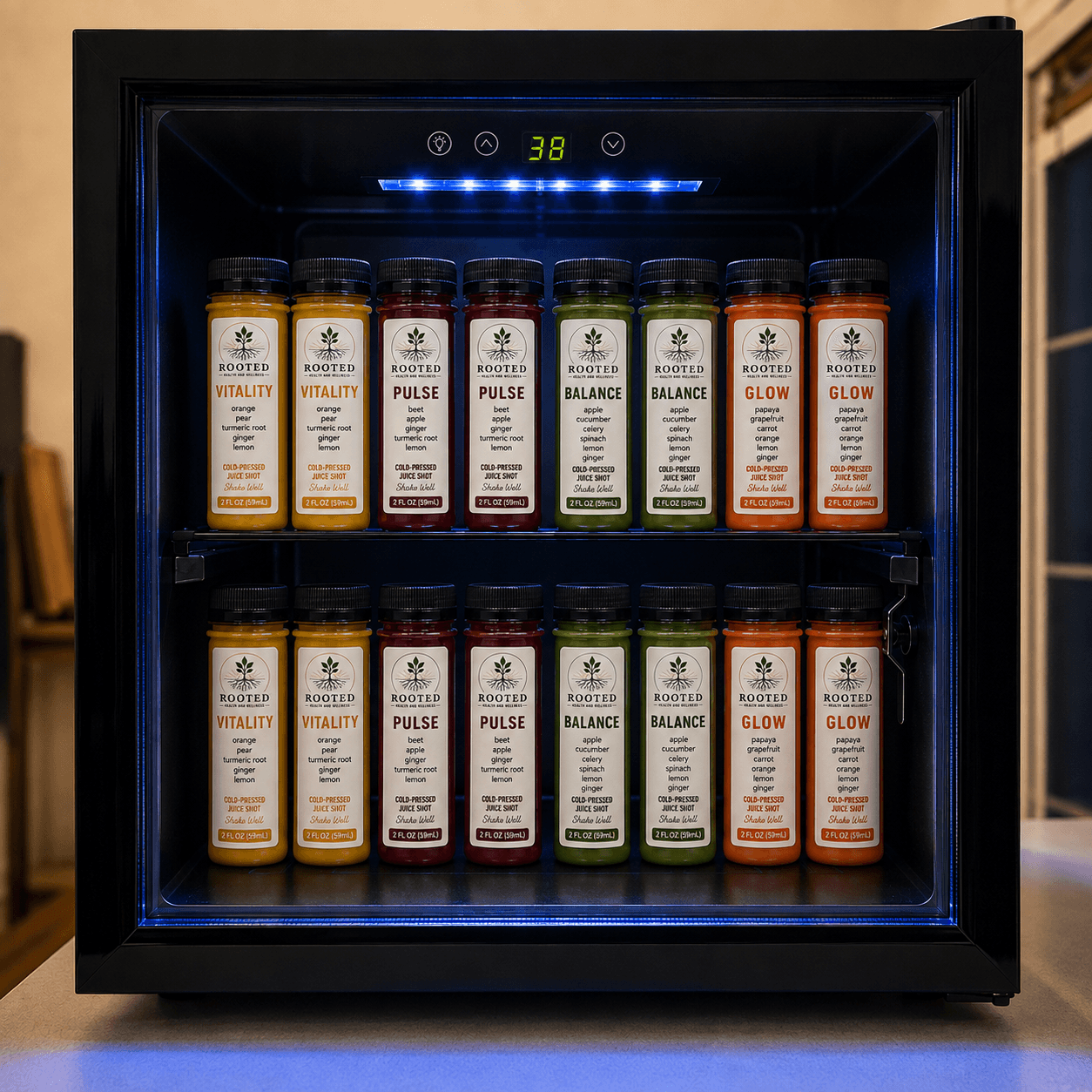 A refrigerated machine with two shelves of colorful supplement bottles, digital display showing 38, and blue LED lights inside.