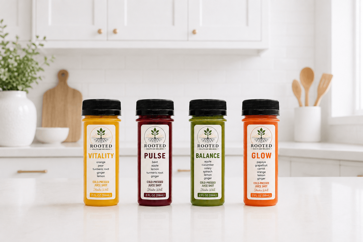 Four supplement bottles labeled Vitality, Pulse, Balance, and Glow on a kitchen counter, with white cabinets and utensils in background.