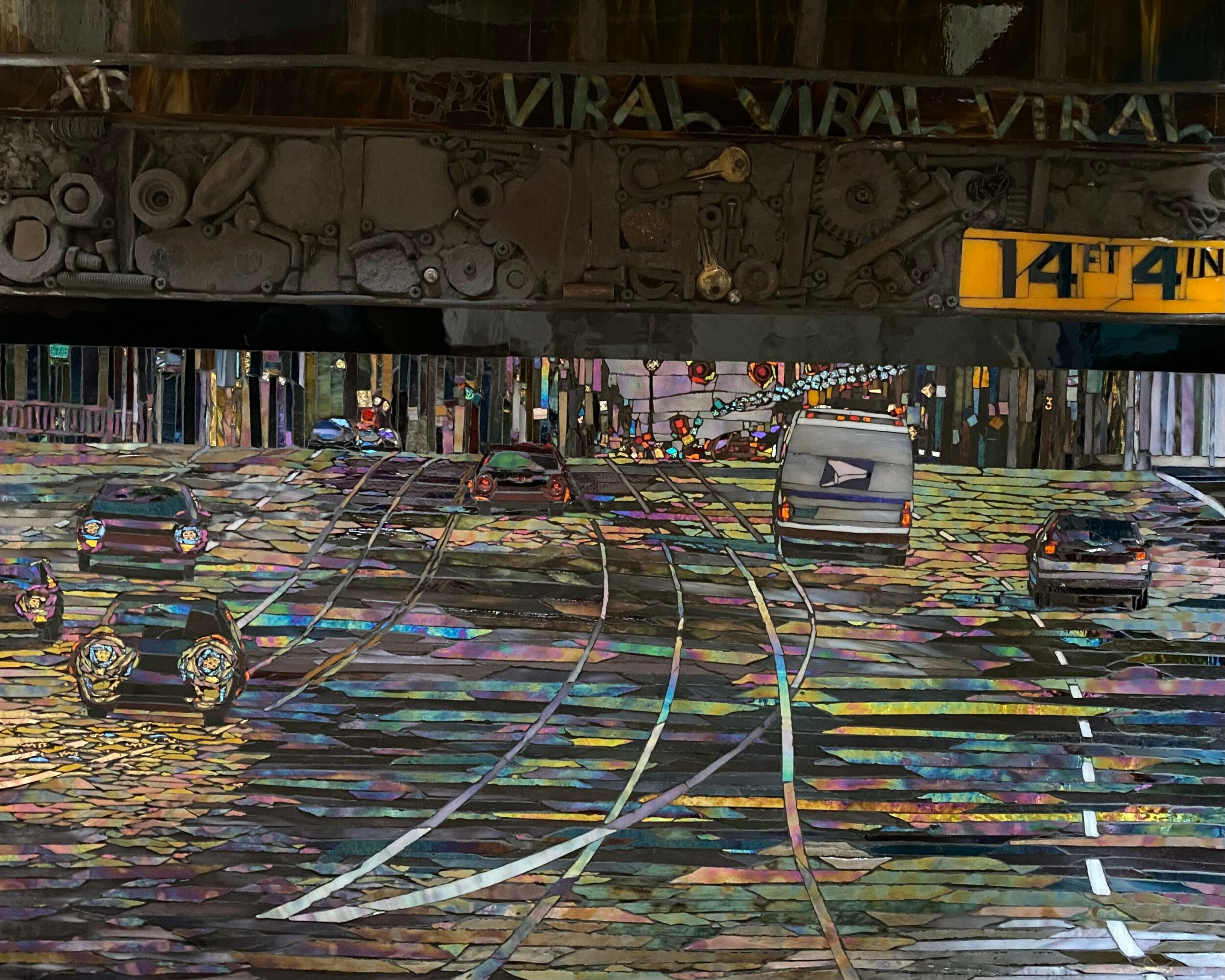 City street with tram tracks, cars, and buildings, viewed from below an overpass, with colorful digital distortion effects.