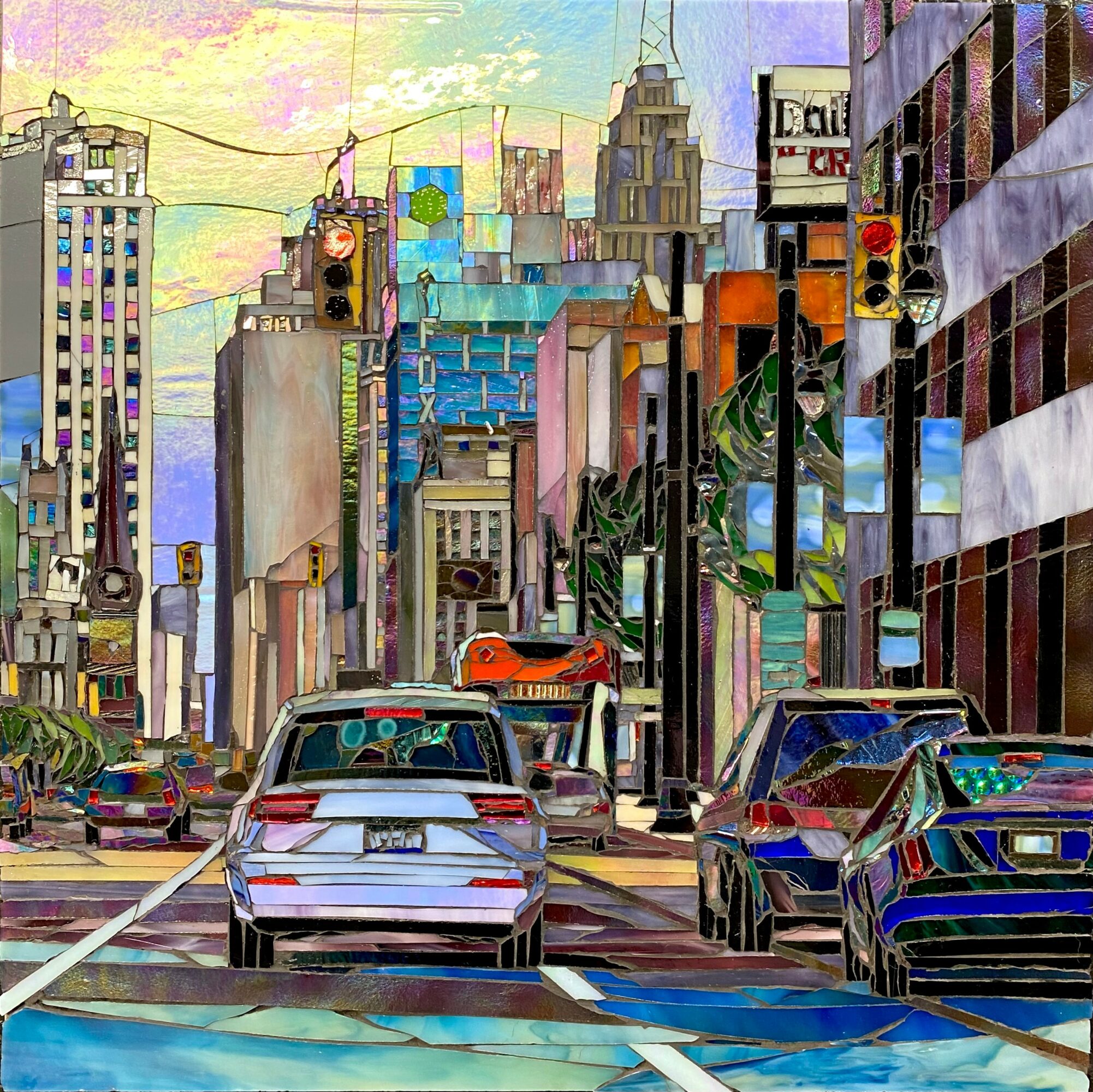 City street scene with cars, tall buildings, traffic lights, and colorful sky, painted in a vibrant, abstract style.