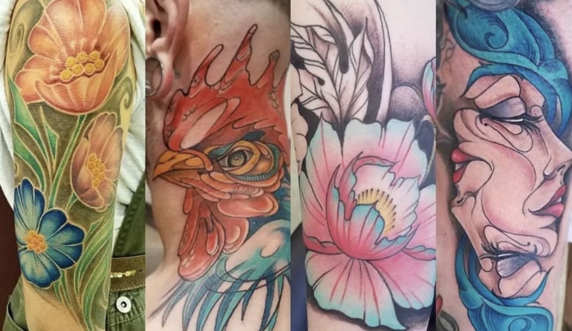 Collection of five colorful tattoos featuring flowers, a bird, and abstract designs on skin.
