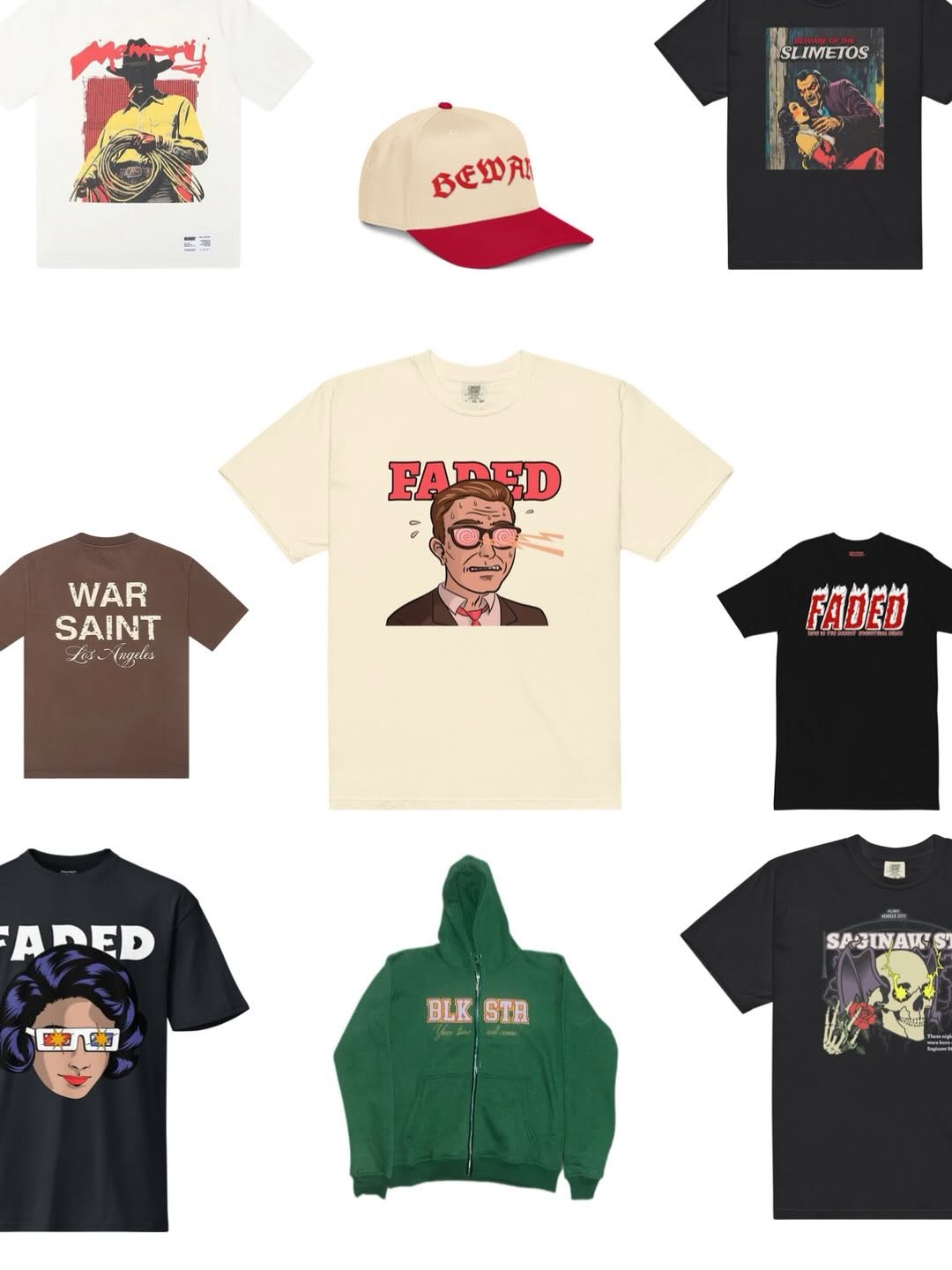 Collection of various T-shirts, a cap, and a hoodie with graphic designs and text, arranged in a grid.