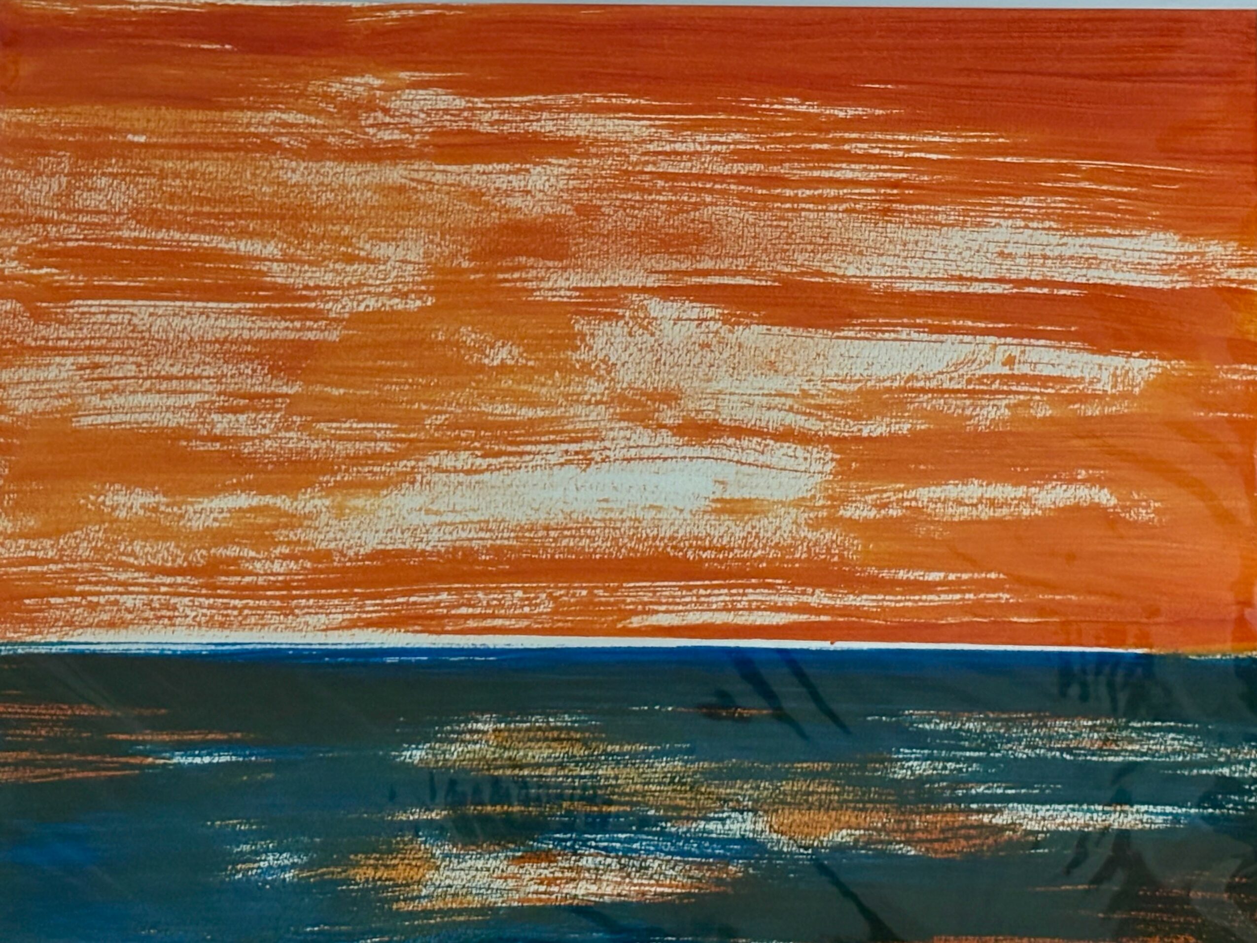 Horizontal painting with orange sky and blue water, textured brushstrokes, abstract landscape.