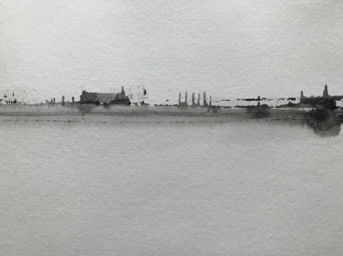 Landscape with buildings and structures along a water body, in black and white, viewed from the side.
