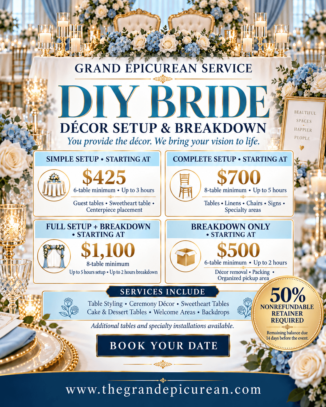 Wedding decoration with floral arrangements and candles, promotional flyer for DIY bride decor setup and breakdown services, prices listed.