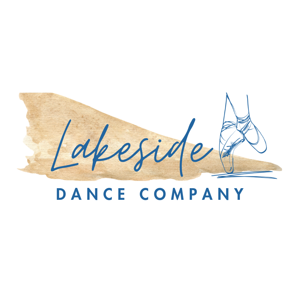 Lakeside Dance Company logo with a torn paper background, handwritten style text, and a ballet dancer's foot in pointe shoes.