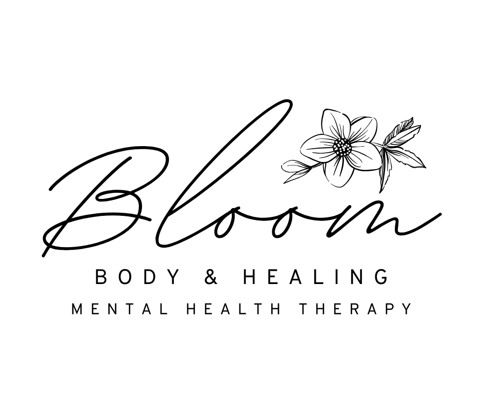 Logo with the word 'Bloom' in cursive, a flower illustration, and text about body, healing, and mental health therapy.