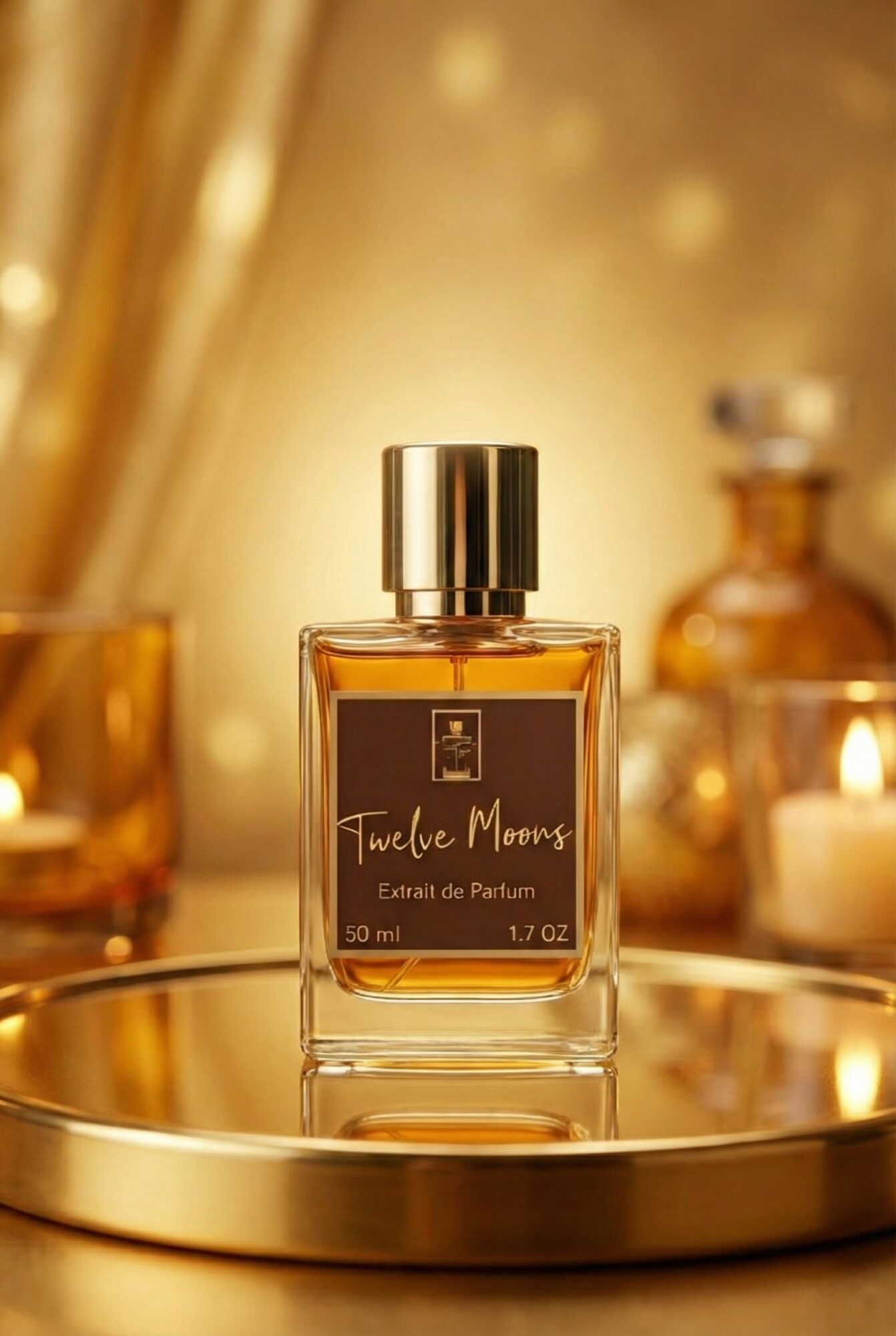 A perfume bottle labeled 'Twelve Moons' on a reflective surface with candles and bottles in the background.
