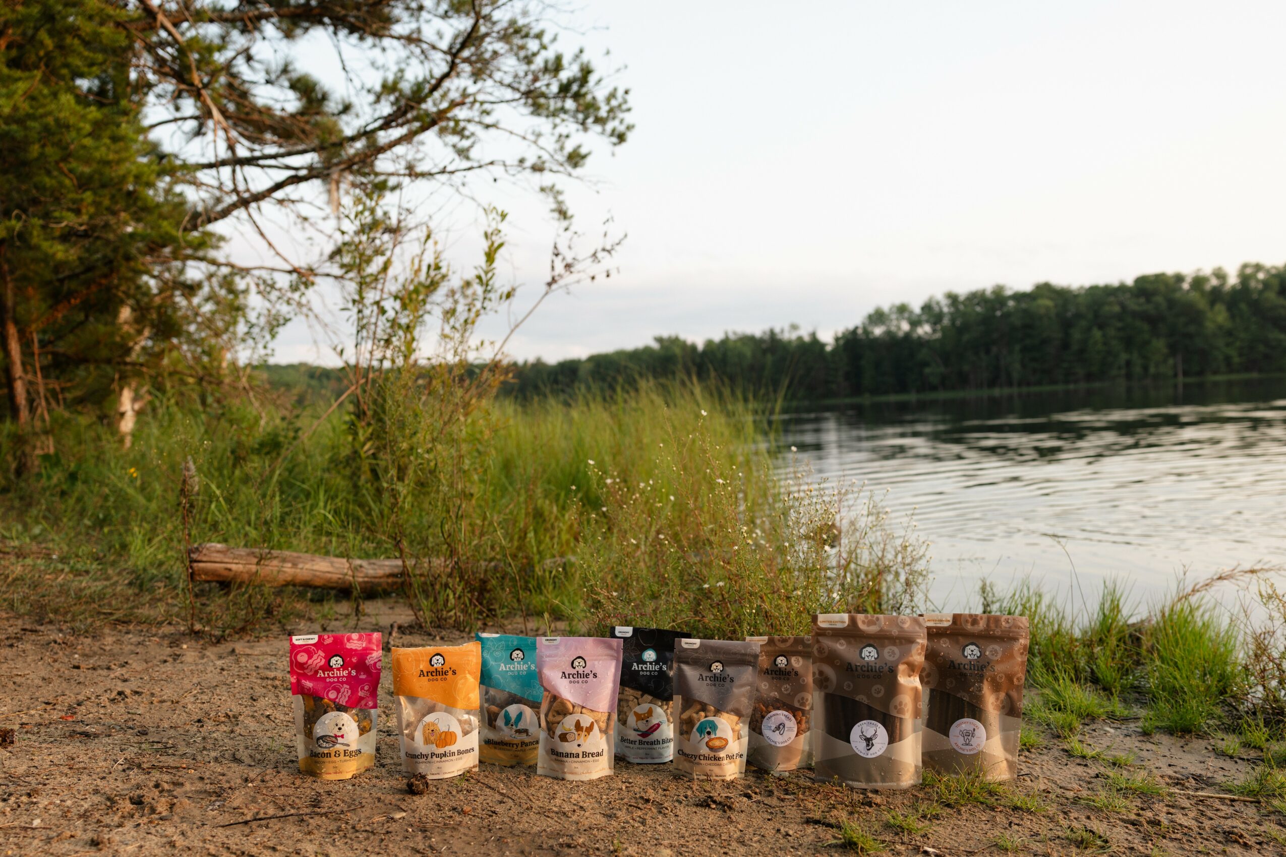 A row of six colorful buckets on a sandy shore near water, with trees and grass in the background.