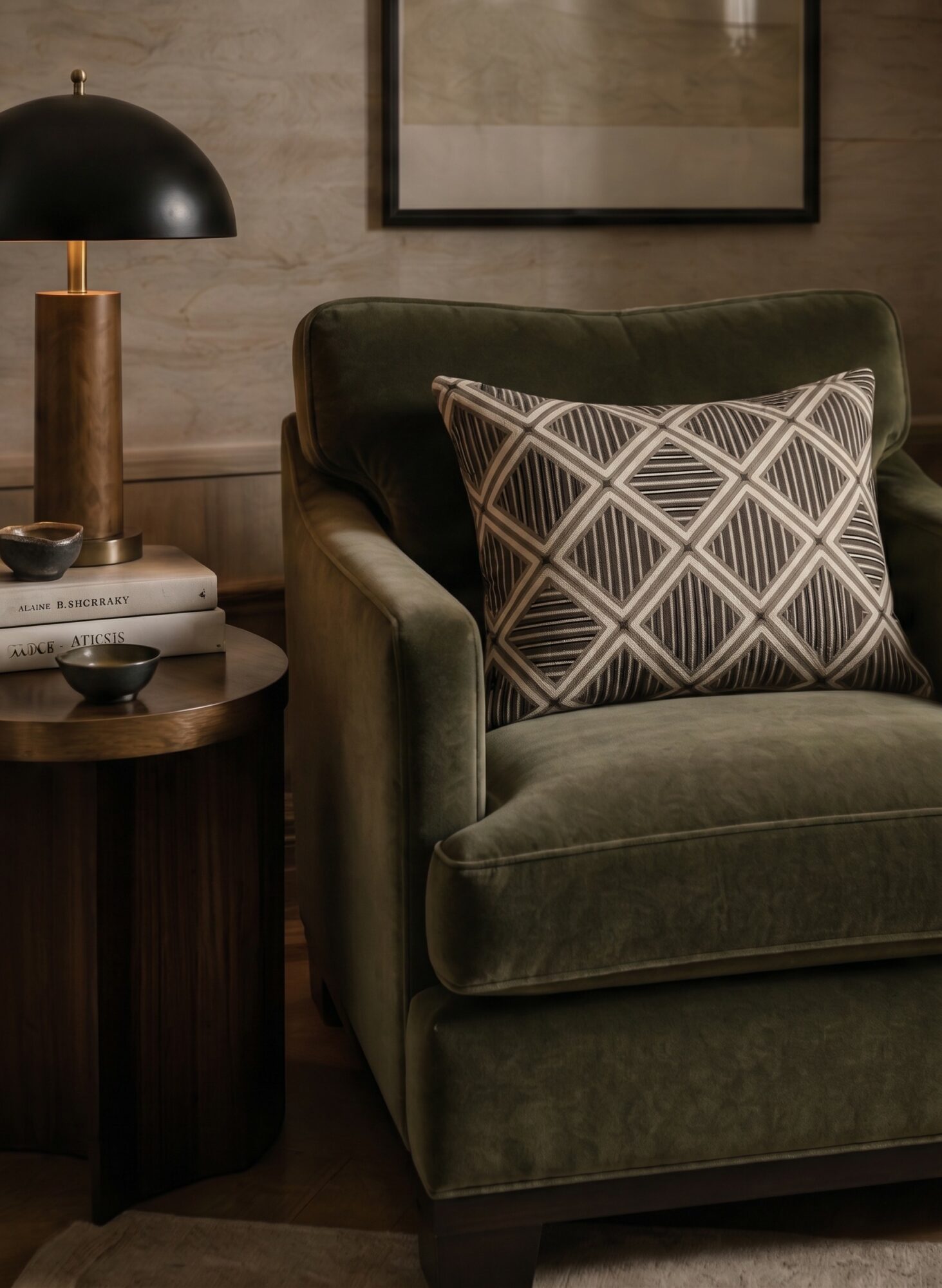 Green armchair with a patterned pillow, next to a round wooden side table with a black lamp, in a cozy room.