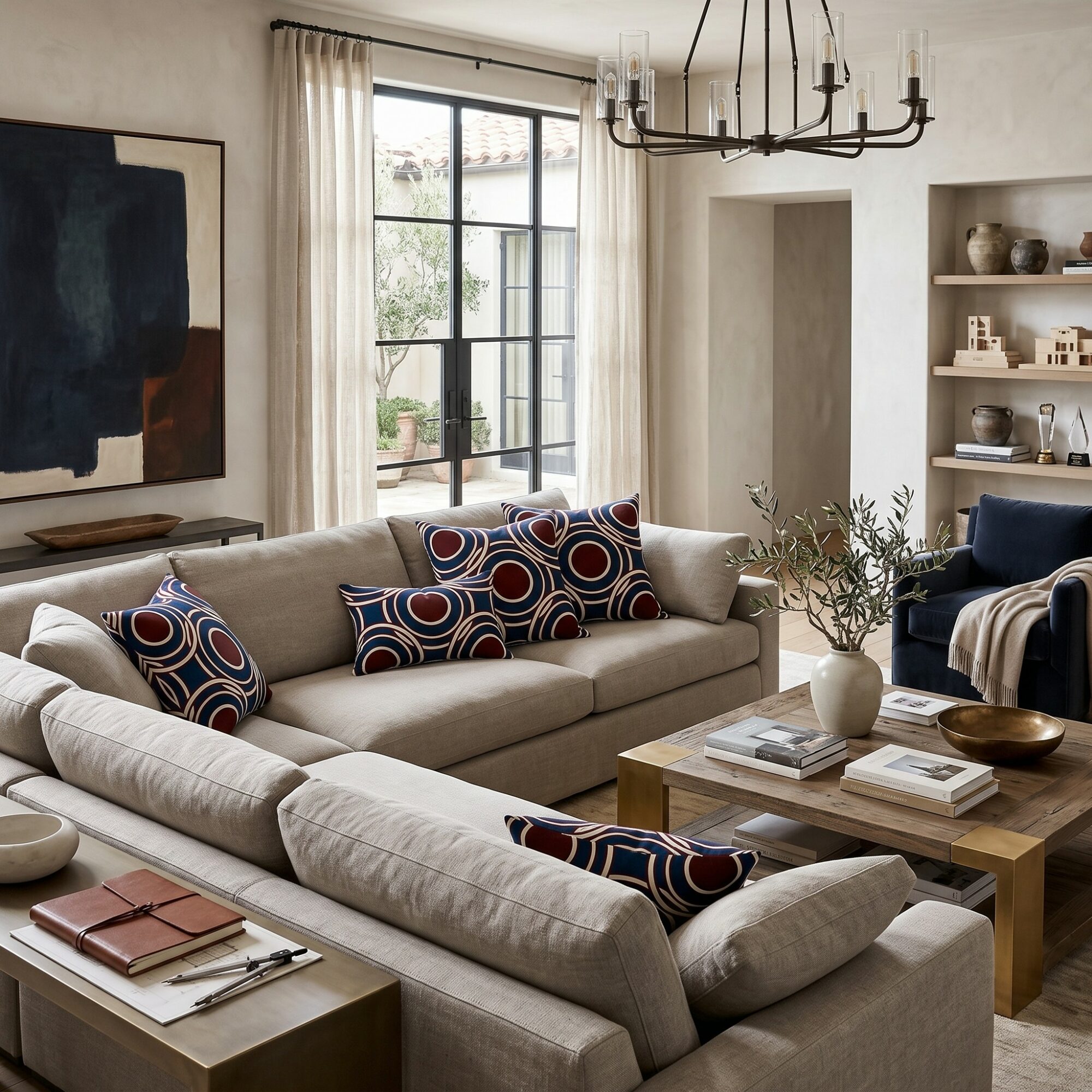 Living room with beige sofa, patterned cushions, wooden coffee table, and large window with curtains.