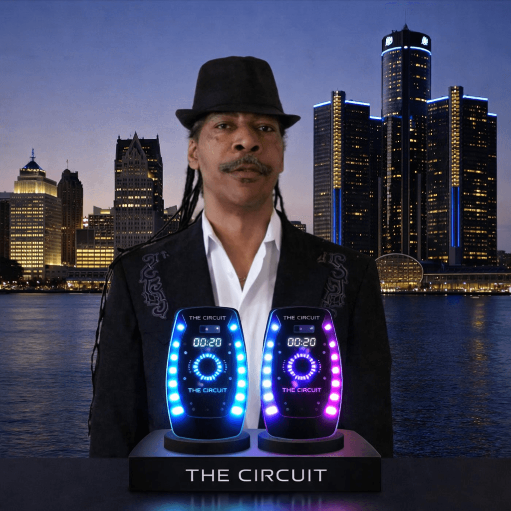 Man wearing a black hat and suit stands in front of city skyline at night, with two glowing circuit devices in front.
