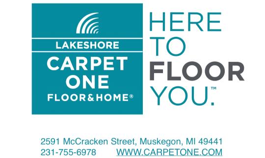 Lakeshore Carpet One Floor & Home logo with address and website, slogan 'Here to Floor You'.