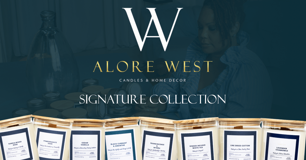 Display of candle and home decor products from Alore West's signature collection, with a dark background and product labels visible.
