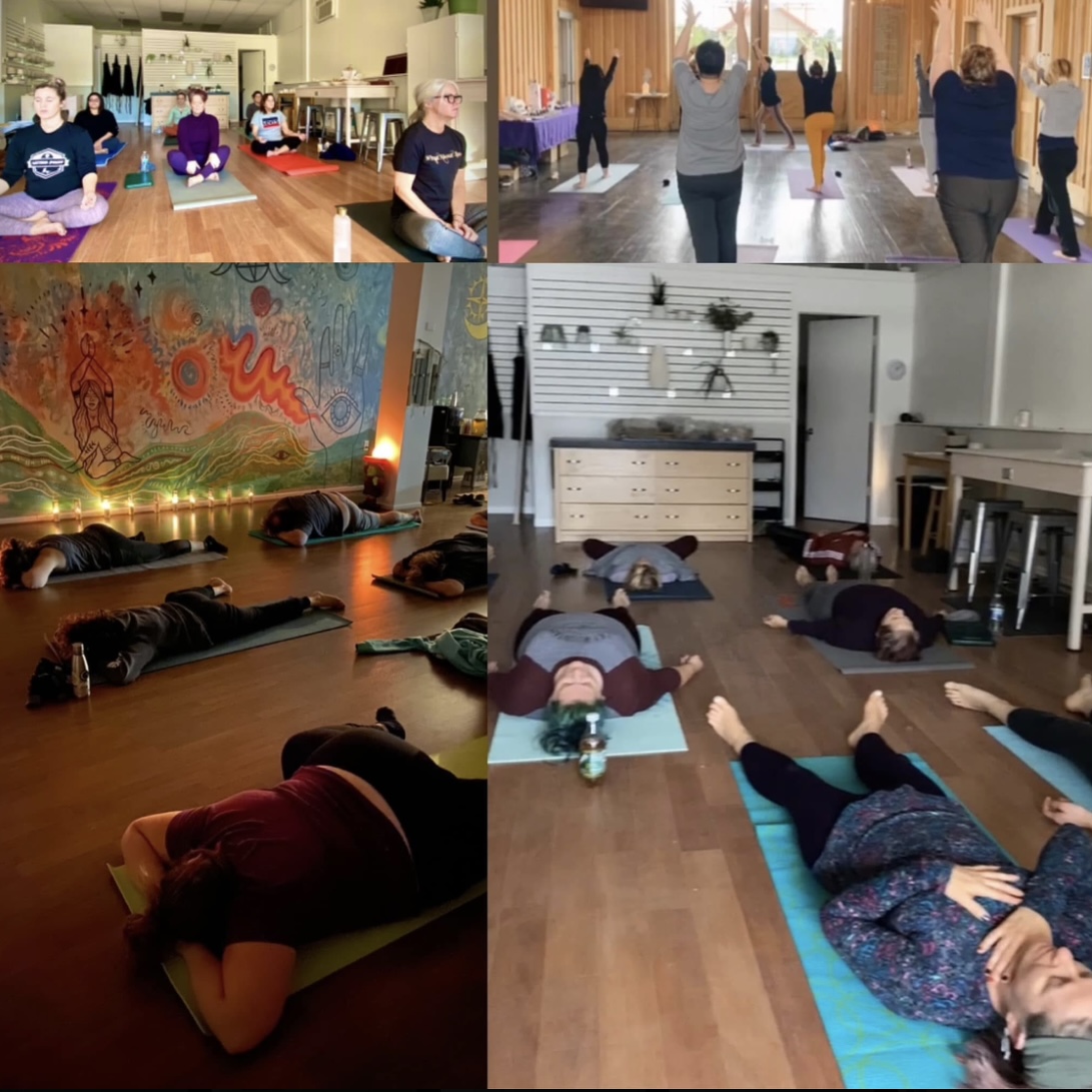 People participating in yoga or meditation sessions in different indoor settings, some lying on mats, others standing or sitting, with colorful backgrounds.
