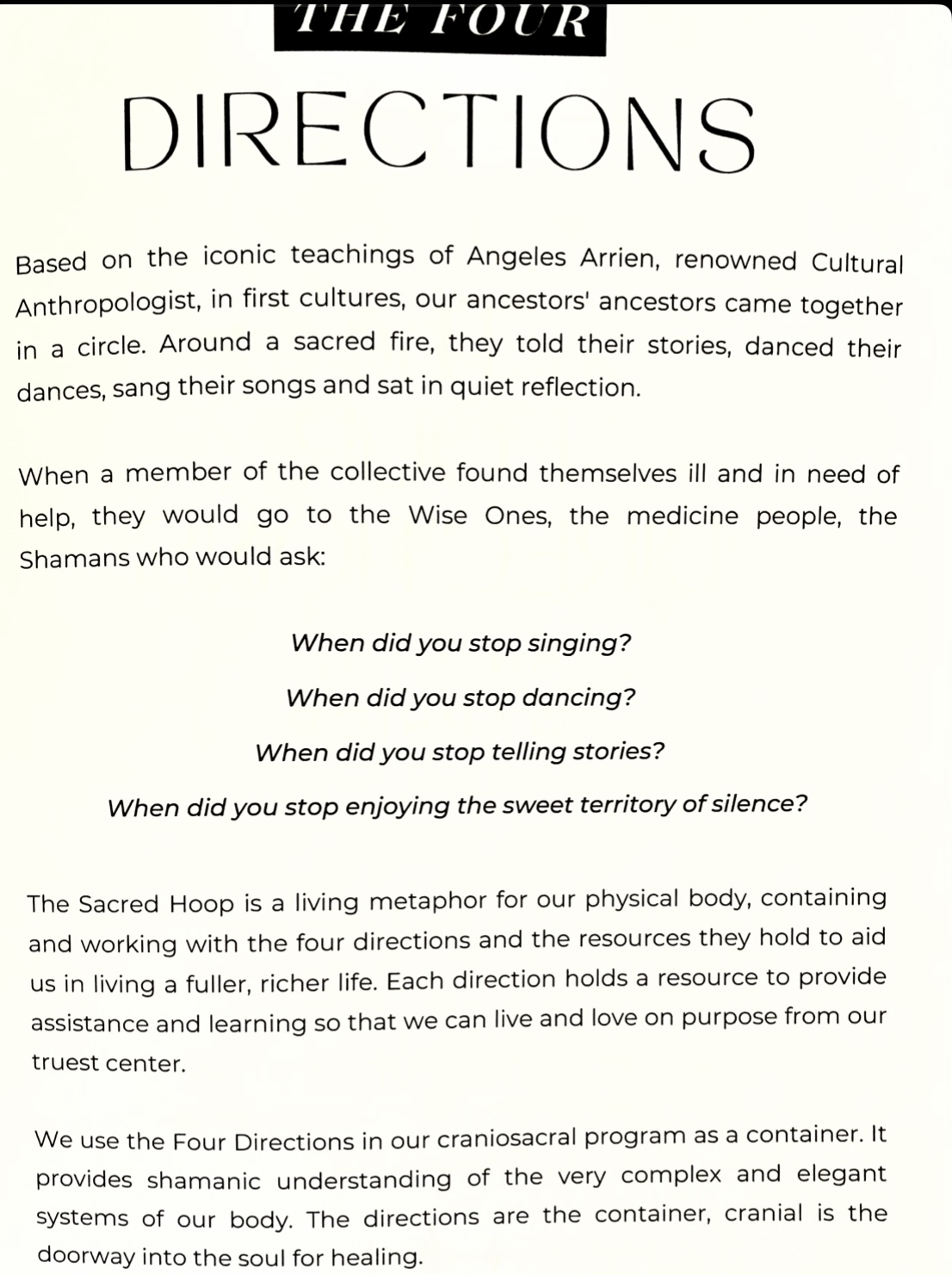 Page with text about directions, cultural teachings, and storytelling, including questions about singing, dancing, and storytelling, with a decorative header.