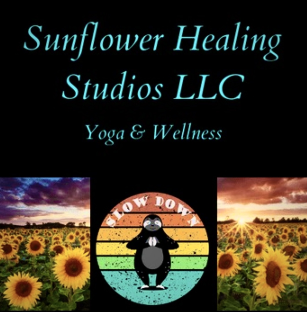 Logo with sunflower field, panda, and text for Sunflower Healing Studios LLC, Yoga & Wellness.