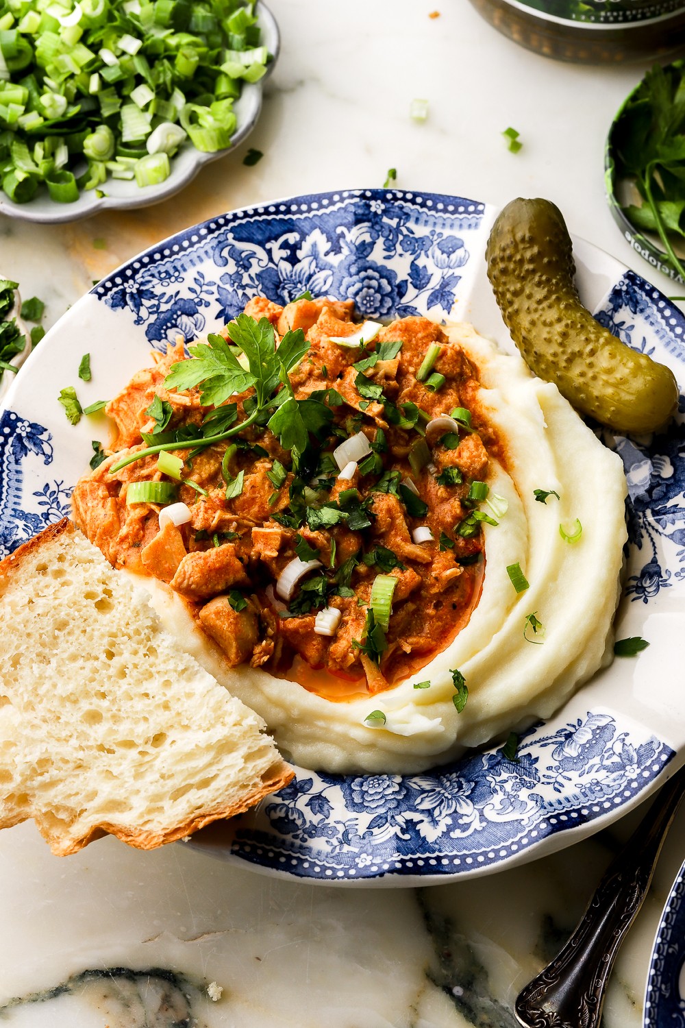 Plate with mashed potatoes, a pickle, bread, and a vegetable stew garnished with herbs on a blue and white patterned dish.