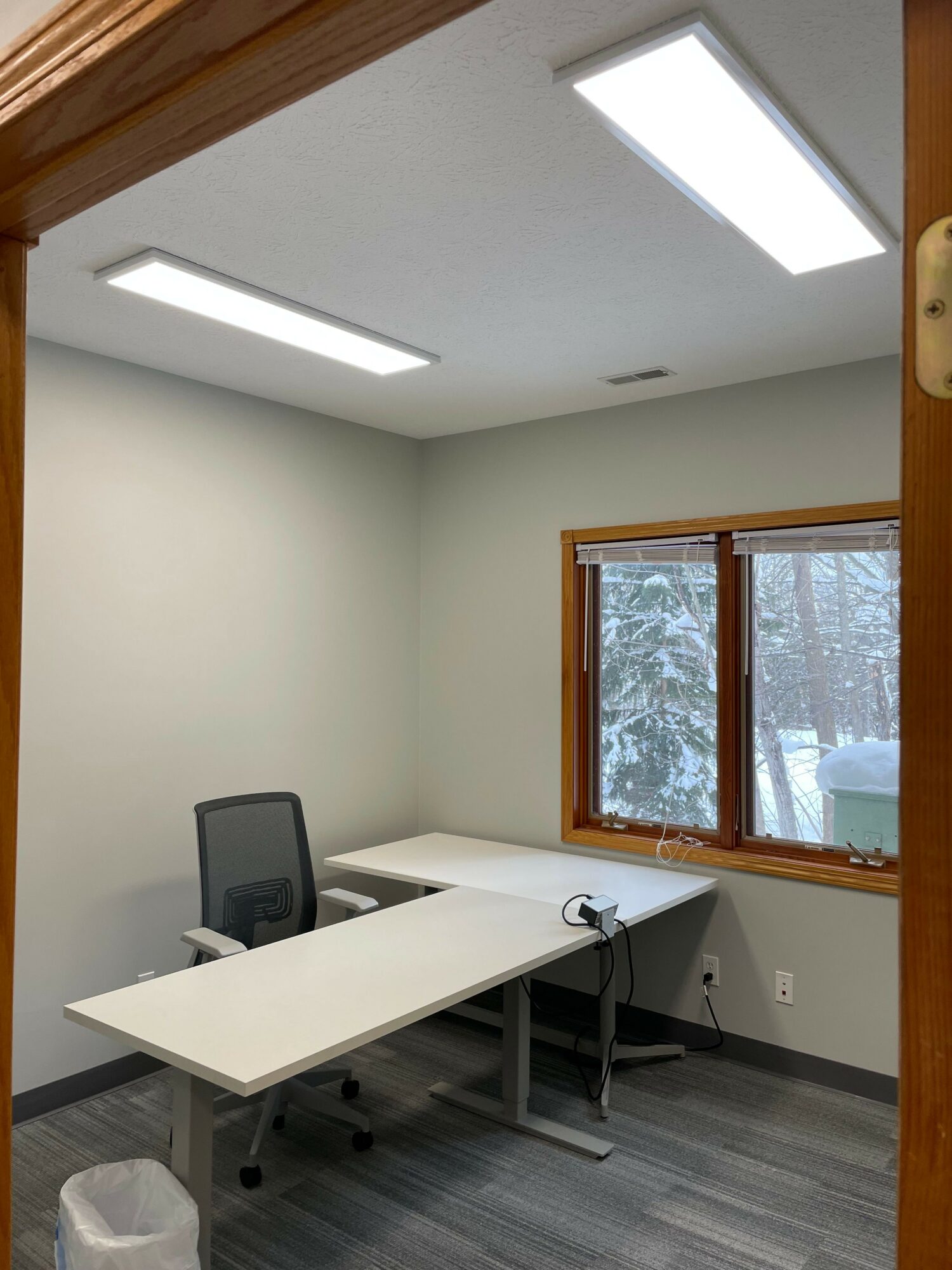 Empty room with white walls, a window showing trees outside, a white table, and a gray floor.