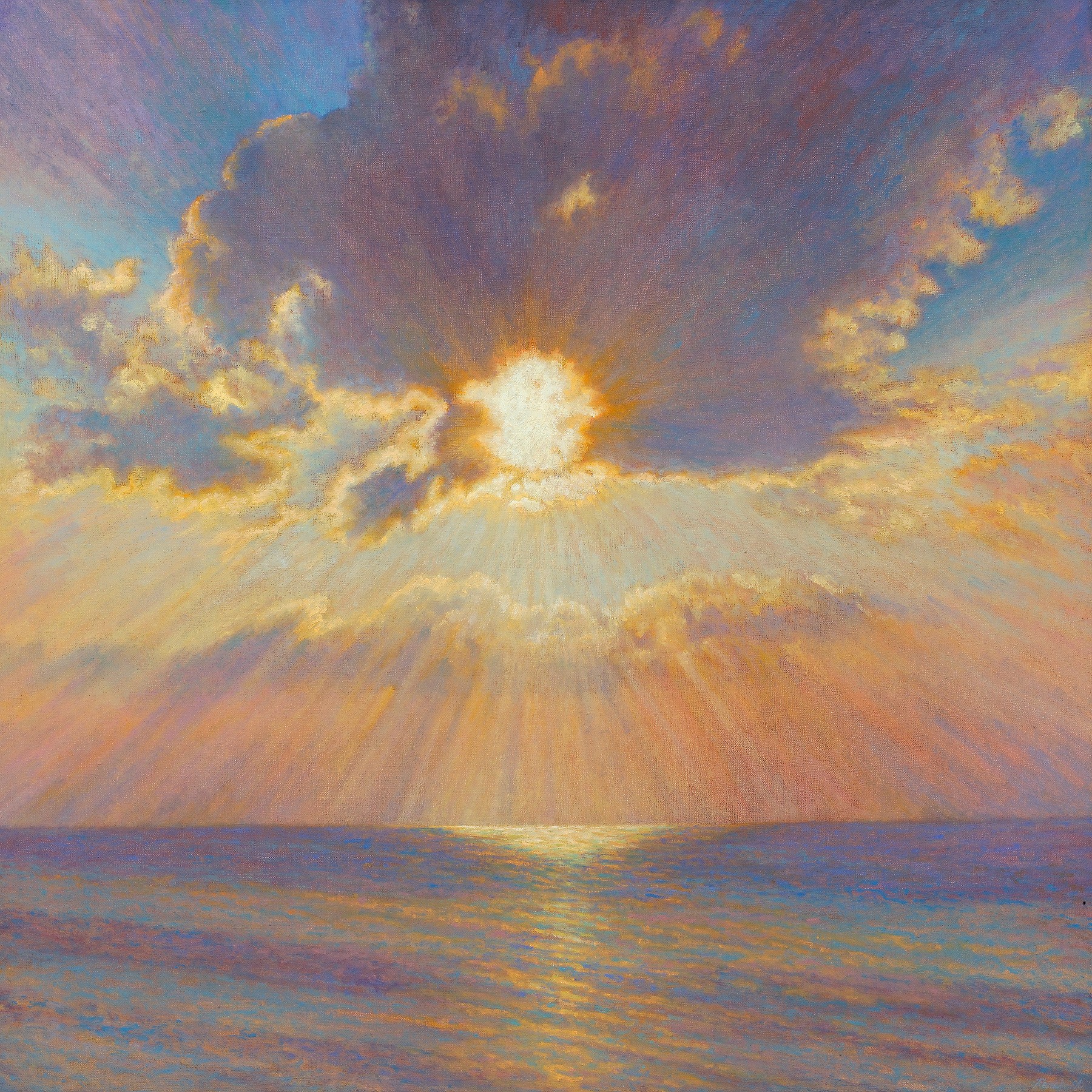 Sunset over ocean with colorful clouds and rays of sunlight, calm water reflecting the sky, peaceful scene.