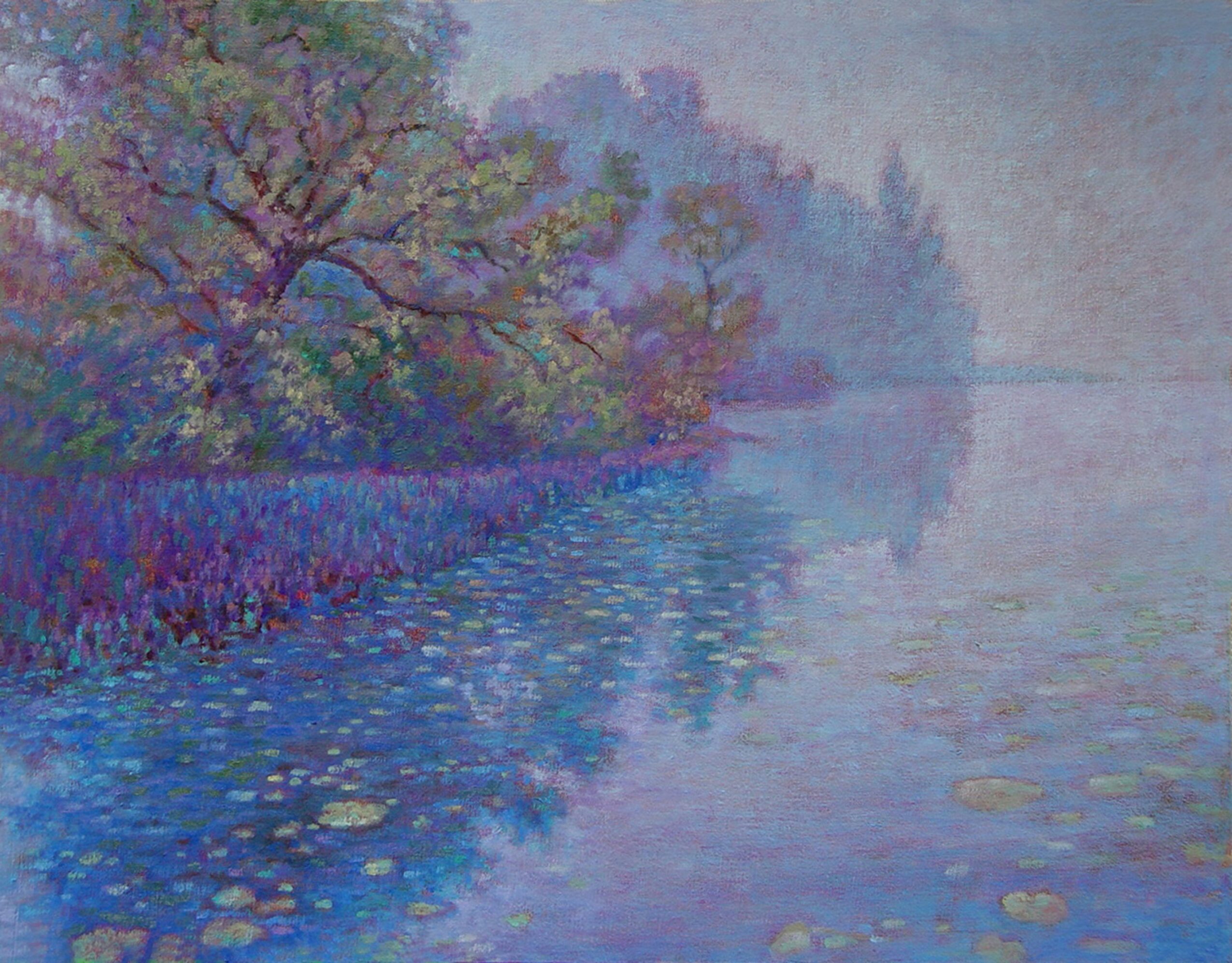 A serene landscape with trees, water, and reflections, painted in soft pastel colors.