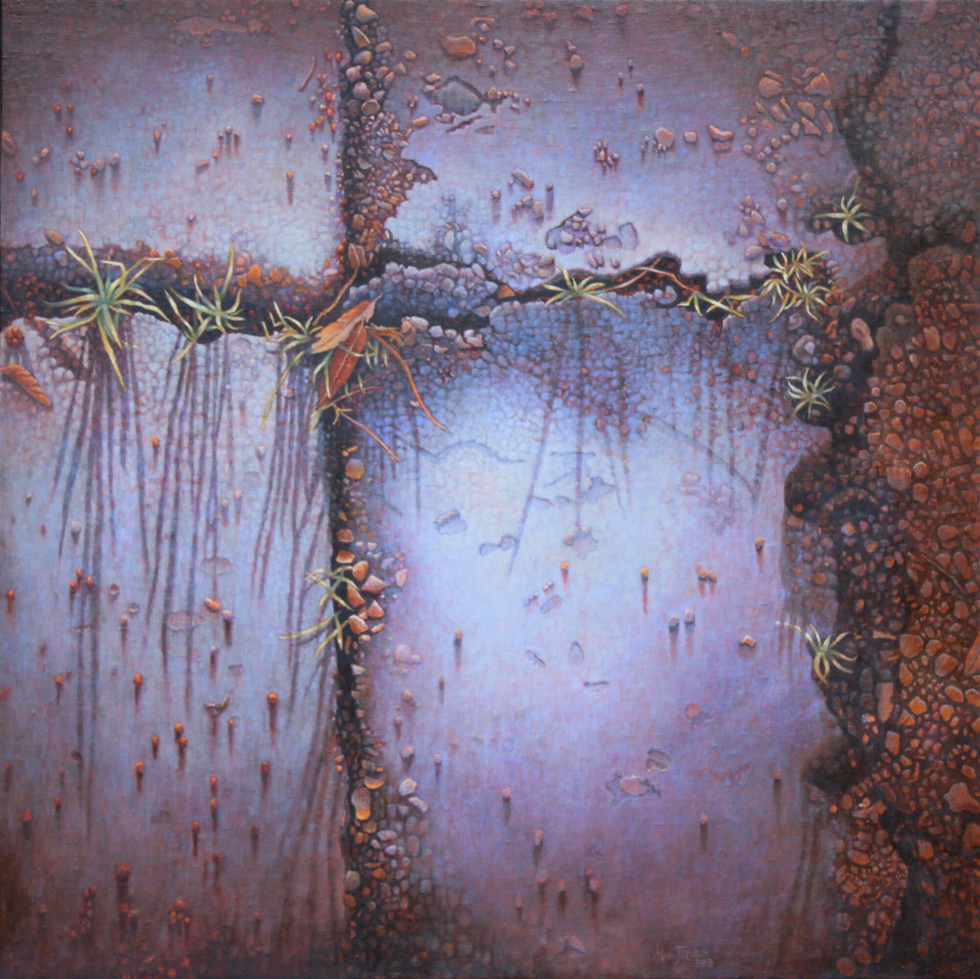 Close-up of a textured surface with cracks, small plants, and reddish-brown and purple hues.