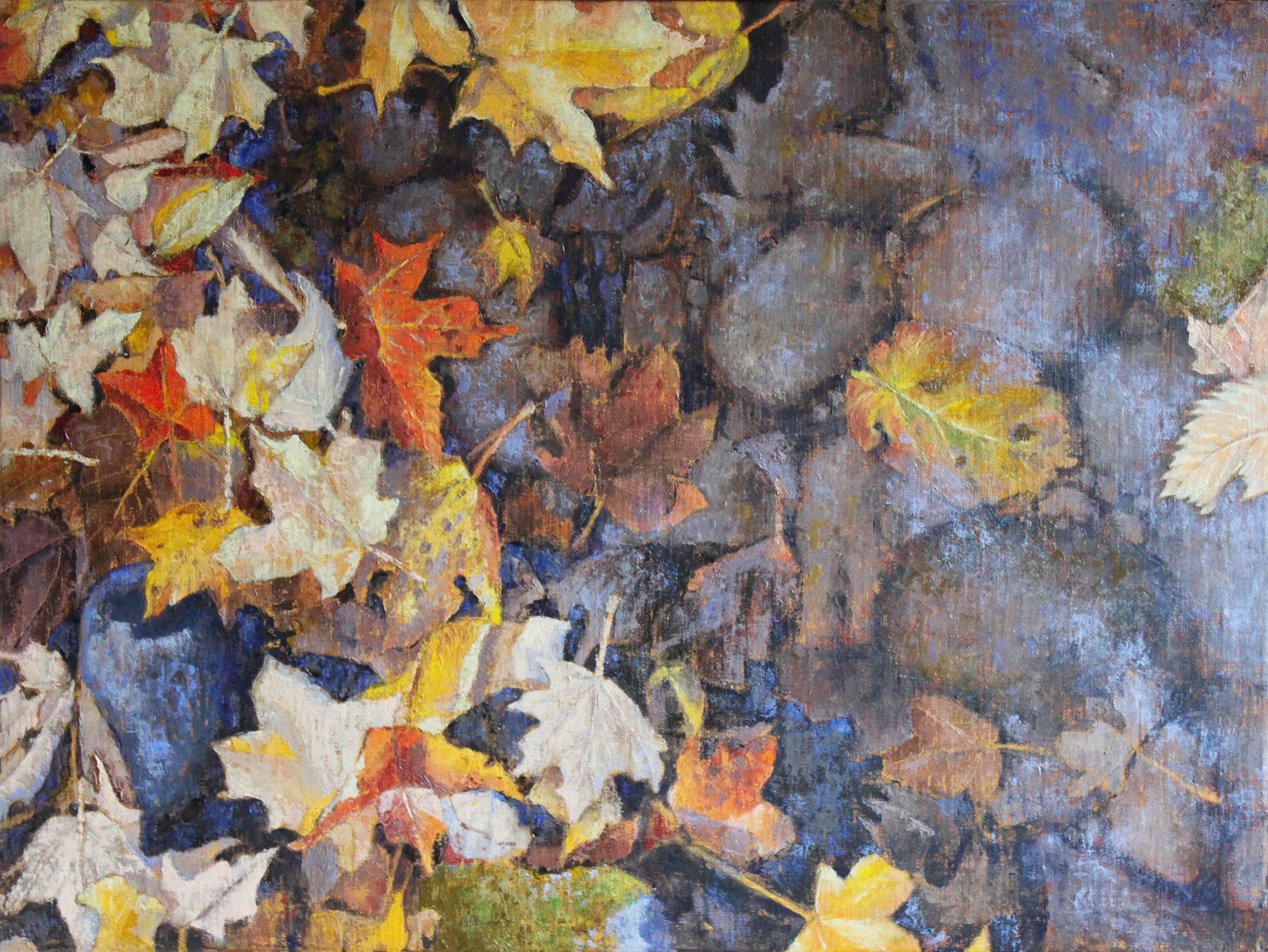 Leaves fallen on water surface with reflections, in autumn colors, watercolor style.