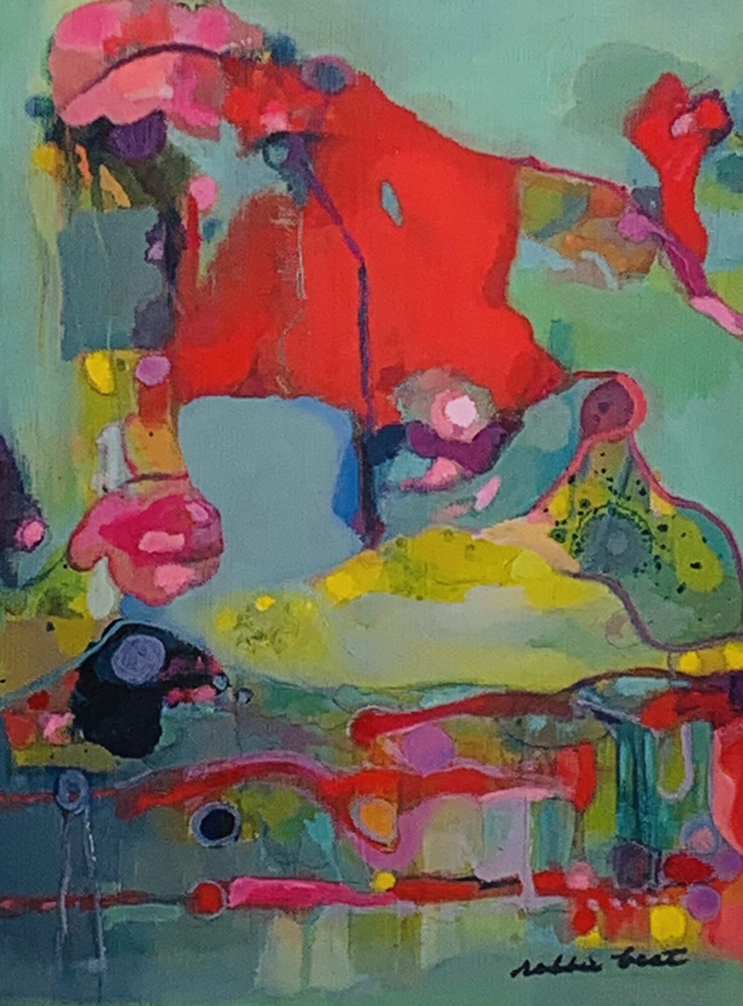 Abstract painting with vibrant colors, shapes, and textures, featuring red, pink, yellow, green, and blue elements.