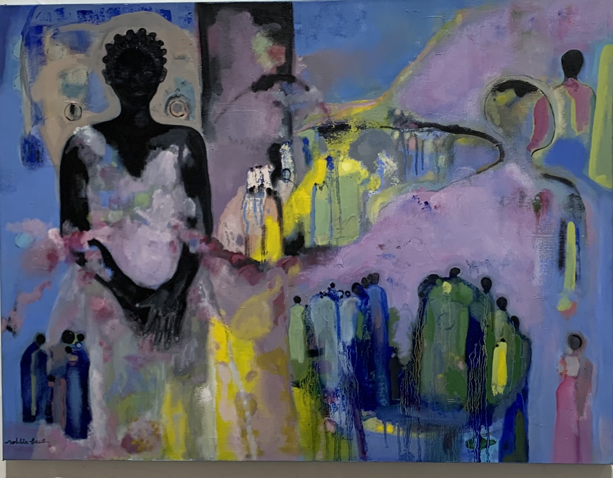 Abstract painting with dark silhouette of a person, colorful background, and various shapes and figures.