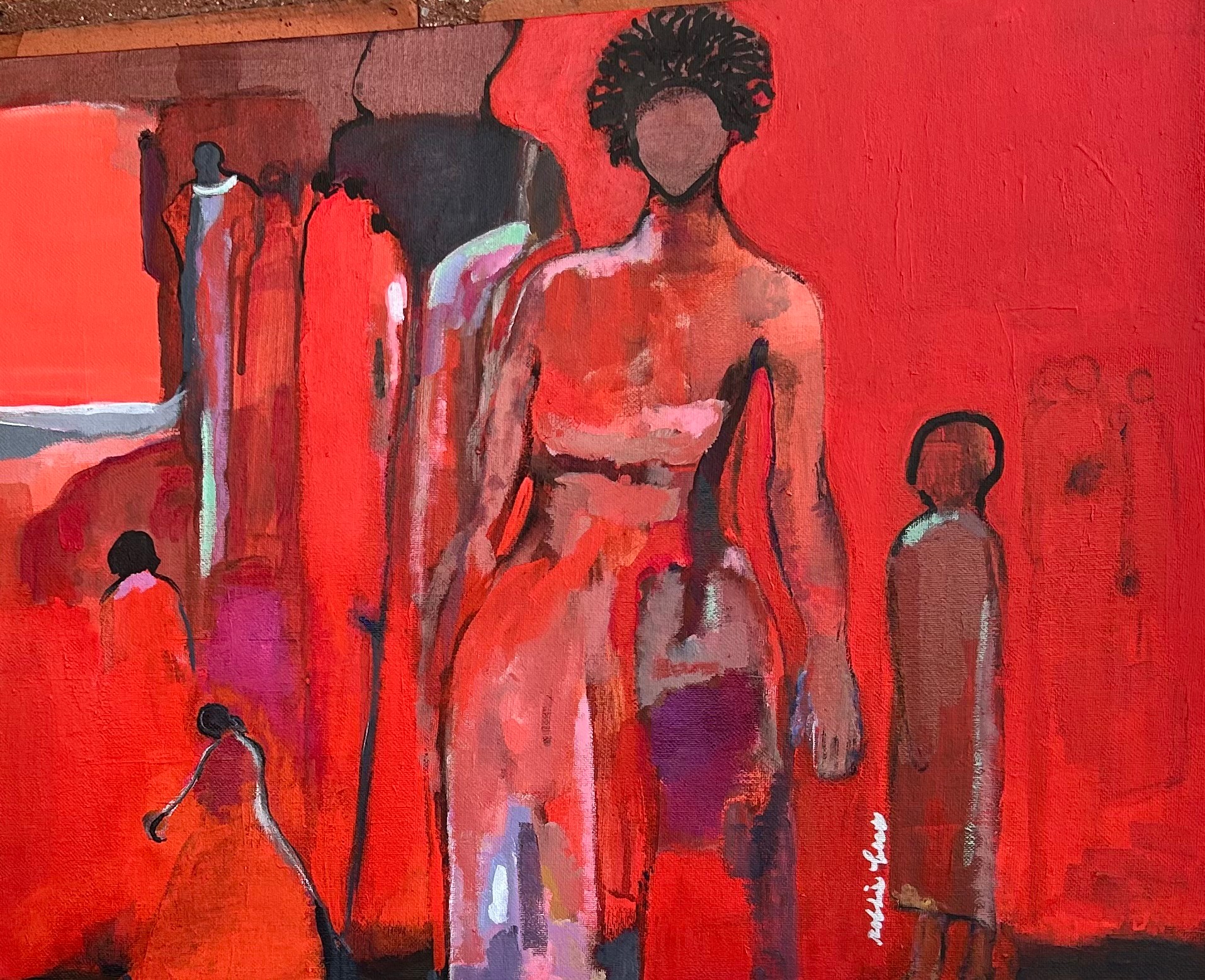 Abstract painting of a group of people with a central figure of a woman in red, surrounded by others, on a red background.
