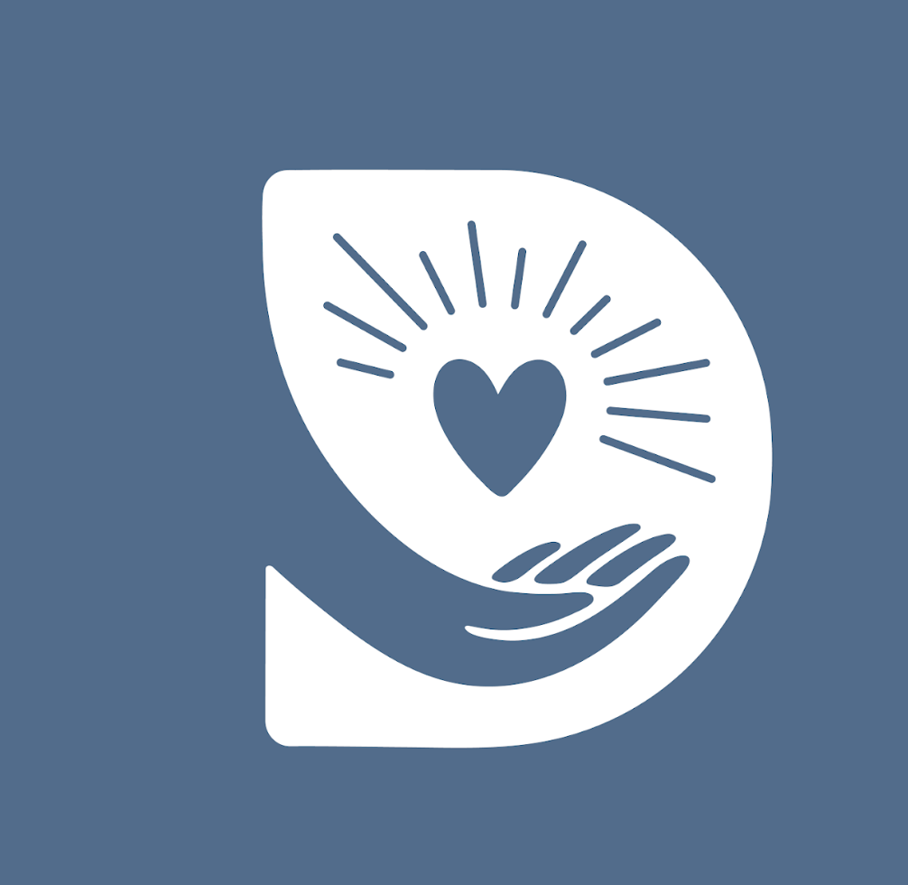 White icon of a hand holding a leaf with a heart and radiating lines on a blue background.