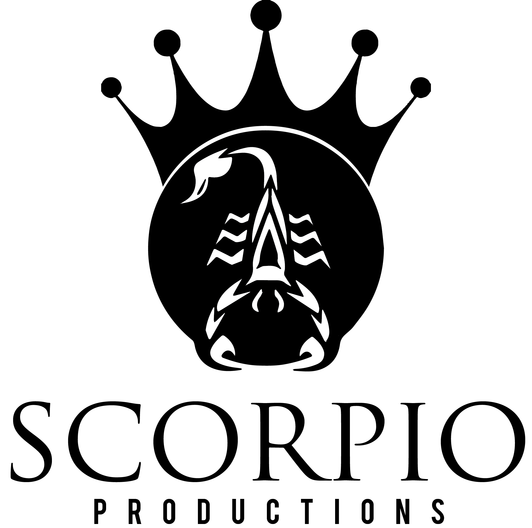 A white stylized scorpion illustration on a black background.