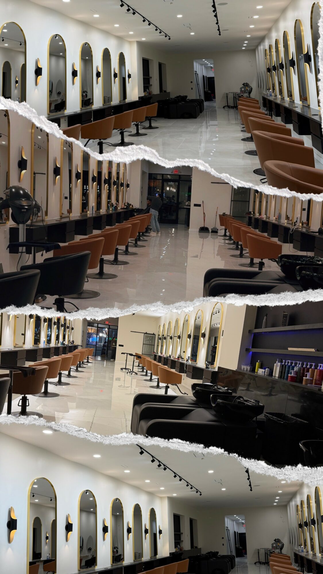 Empty salon with chairs, mirrors, and styling stations, well-lit with white walls and arched mirrors, viewed from different angles.