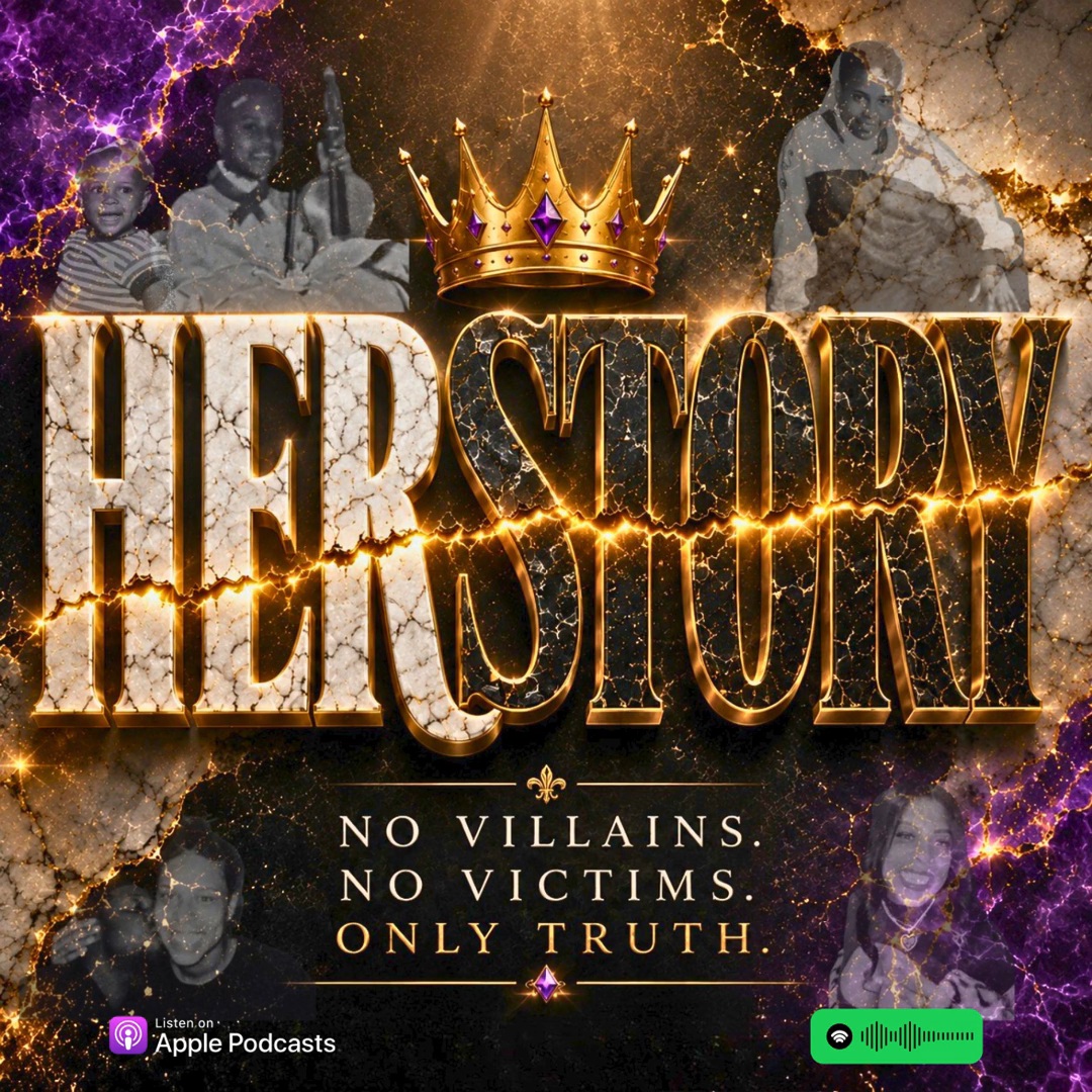 Bold text reads 'HERSTORY' with a crown above, background features people and lightning, and a quote about truth. Word count: 20.