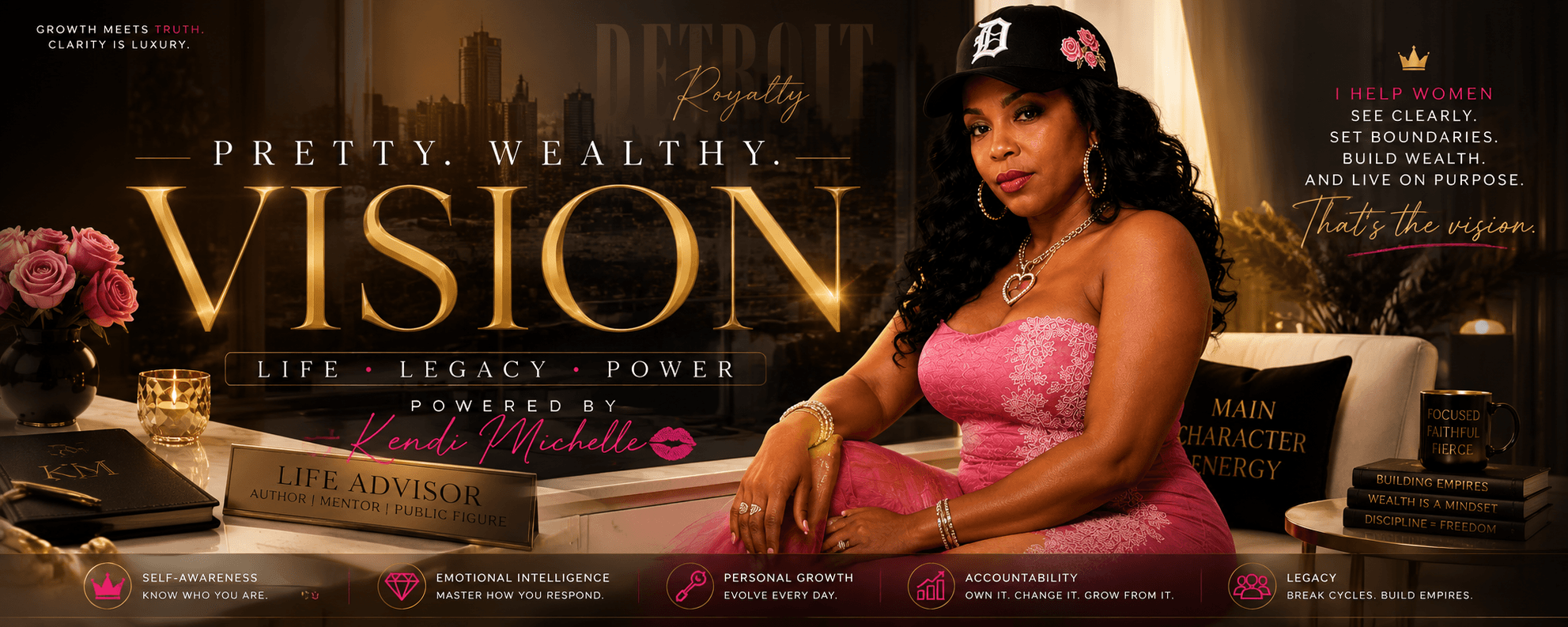 Woman in pink dress sitting at desk with flowers and books, promotional text for vision and lifestyle branding.